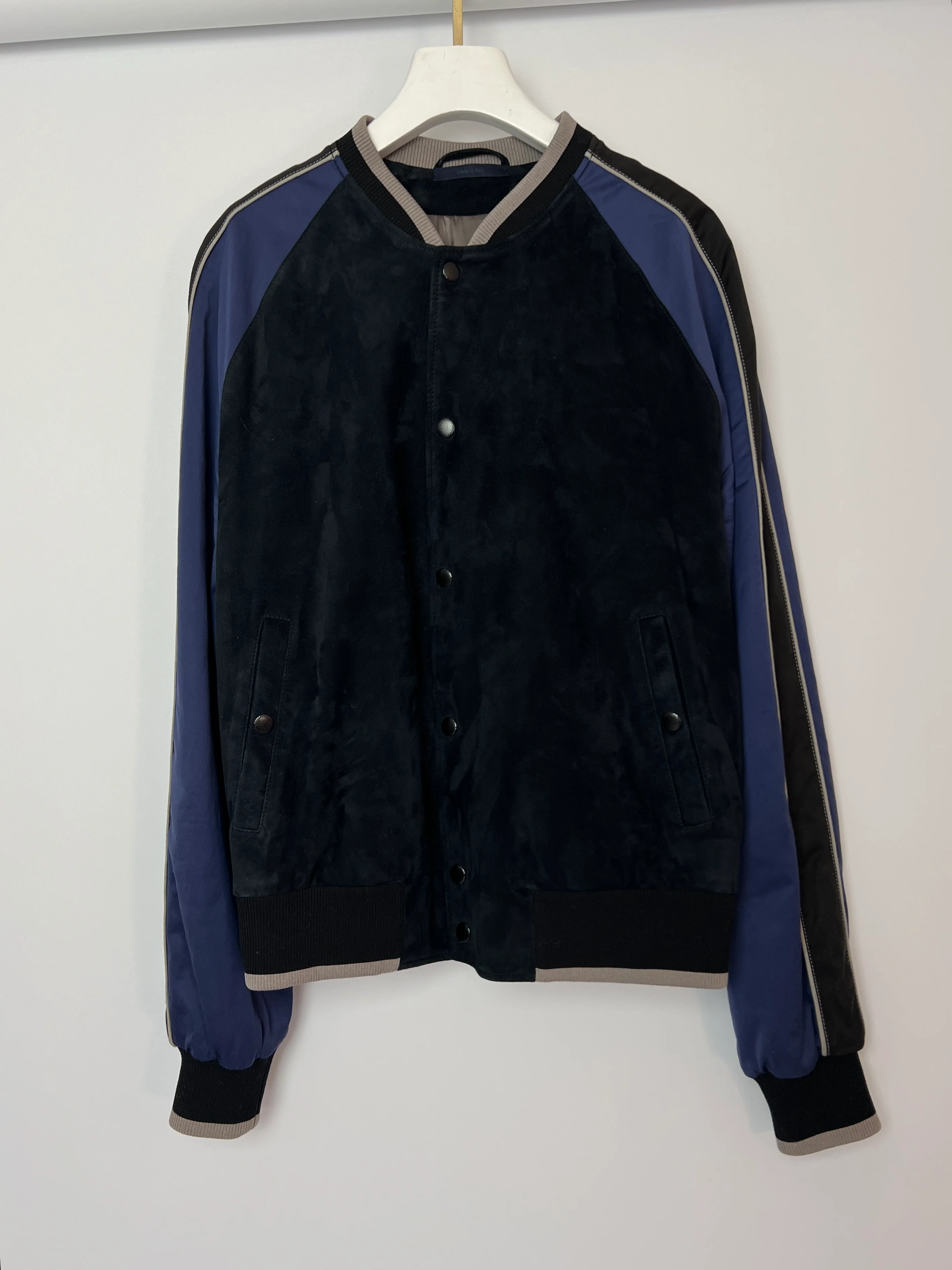 Lanvin Navy Menswear Navy Suede Bomber Jacket with Satin Arm Detail Size IT 48 (UK 36) - Image 4