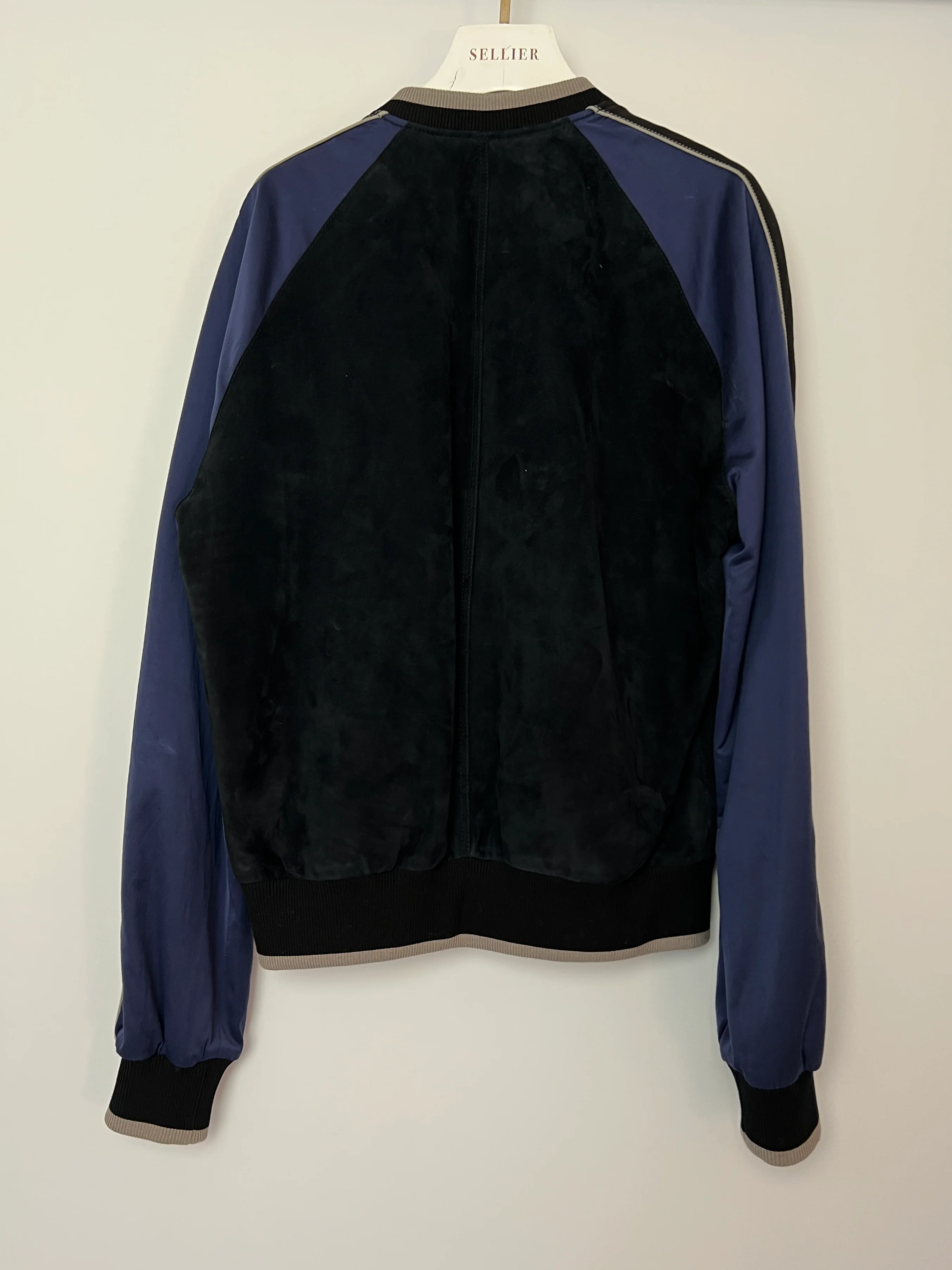 Lanvin Navy Menswear Navy Suede Bomber Jacket with Satin Arm Detail Size IT 48 (UK 36) - Image 6