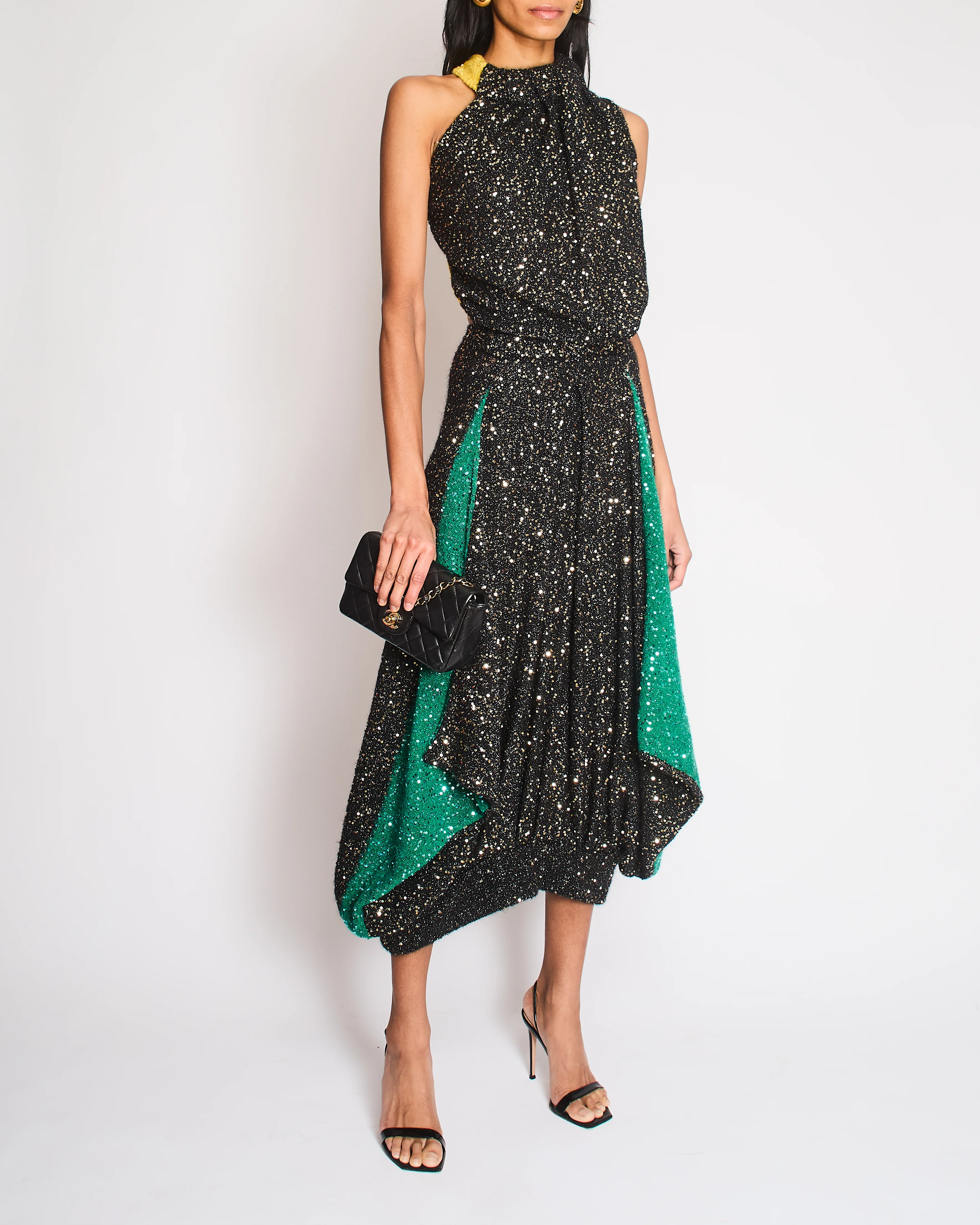 Loewe Black, Yellow, and Green Asymmetric Metallic Knit Maxi Dress with Sequins and Back Cutout Size XS (UK 6) RRP £3,600