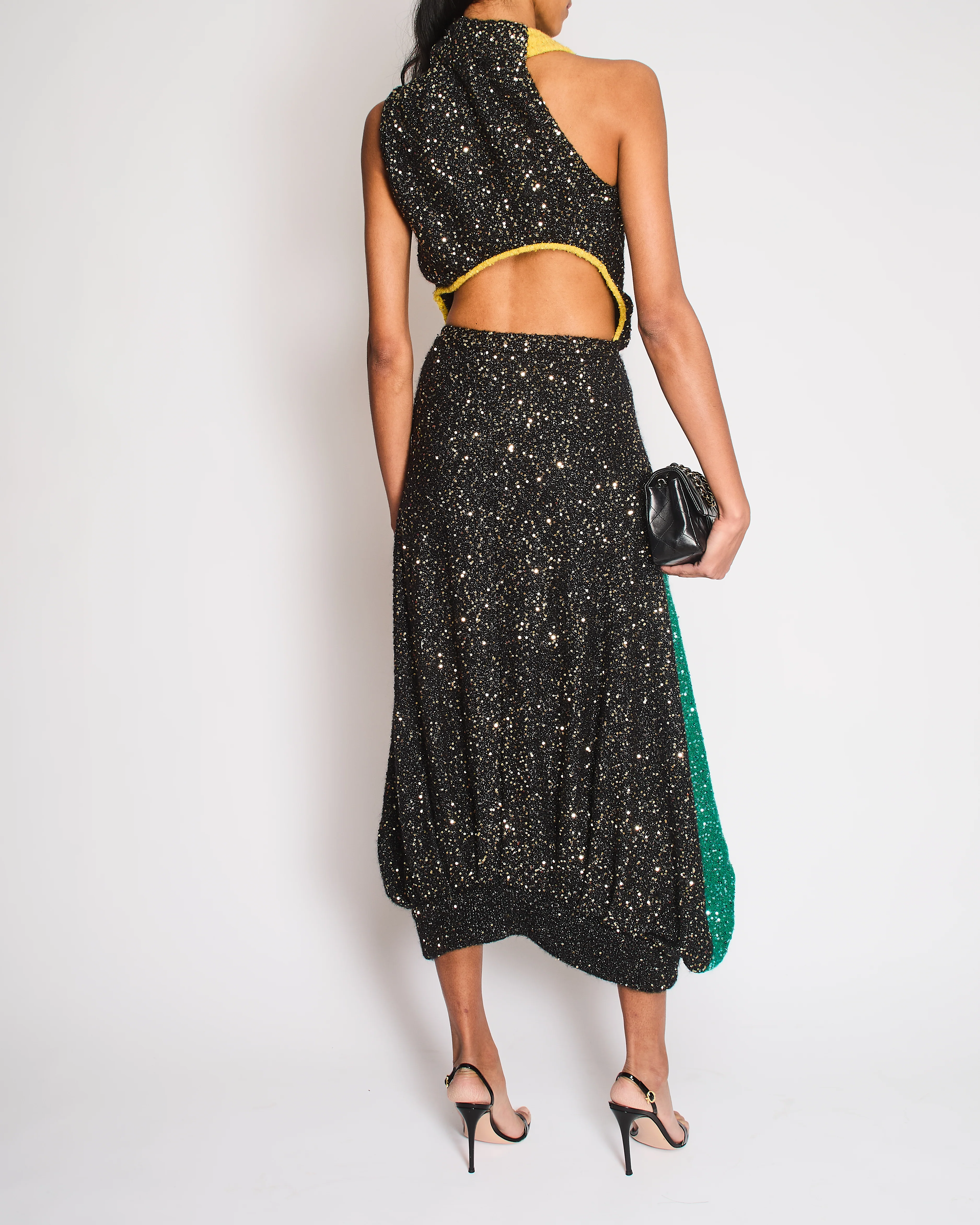 Loewe Black, Yellow, and Green Asymmetric Metallic Knit Maxi Dress with Sequins and Back Cutout Size XS (UK 6) RRP £3,600 - Image 4