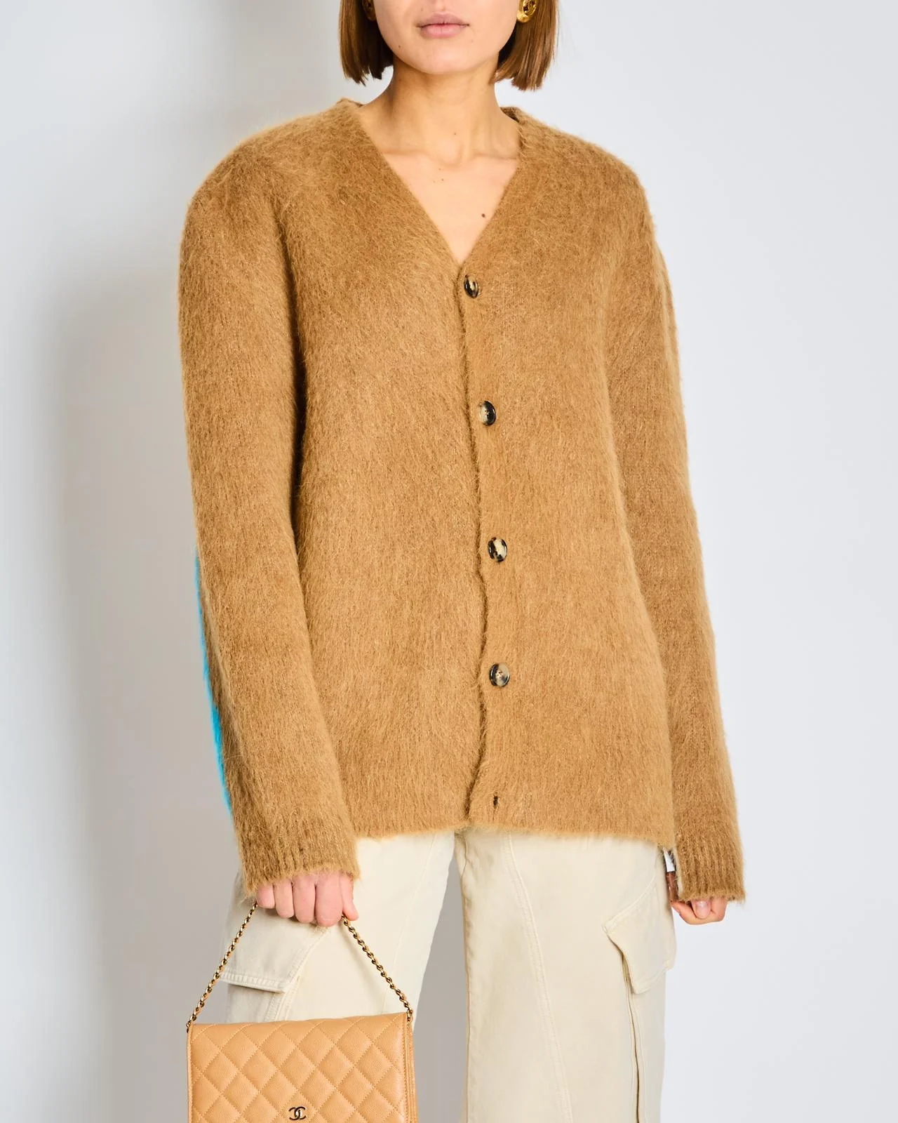 Loewe Brown Mohair Long Sleeve Button Down Cardigan with Blue Stripe Detail Size S (UK 8)