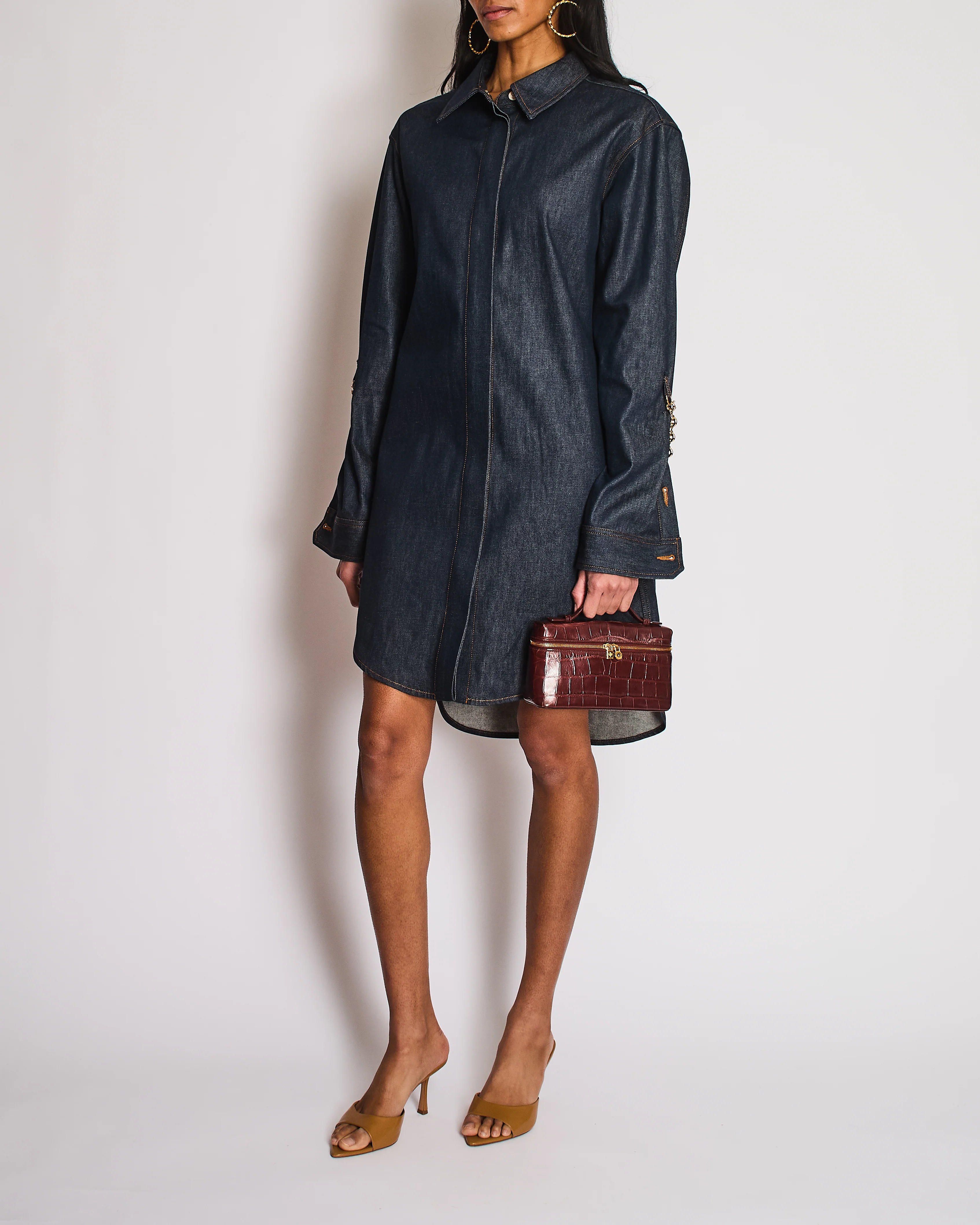 Loewe Dark Blue Raw Denim Shirt Dress with Chain and Anagram Logo Detail Size FR38 (UK 10)