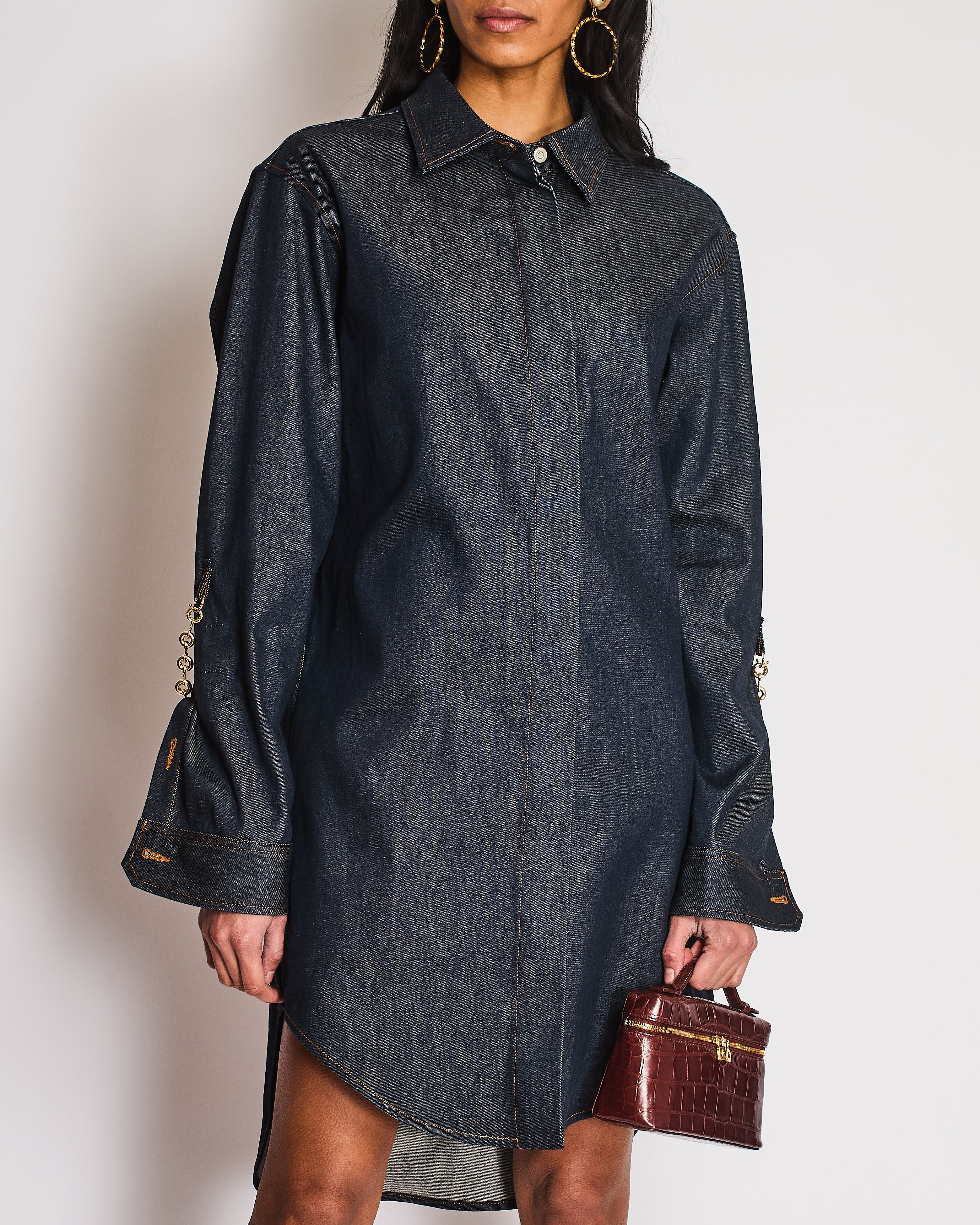 Loewe Dark Blue Raw Denim Shirt Dress with Chain and Anagram Logo Detail Size FR38 (UK 10) - Image 2