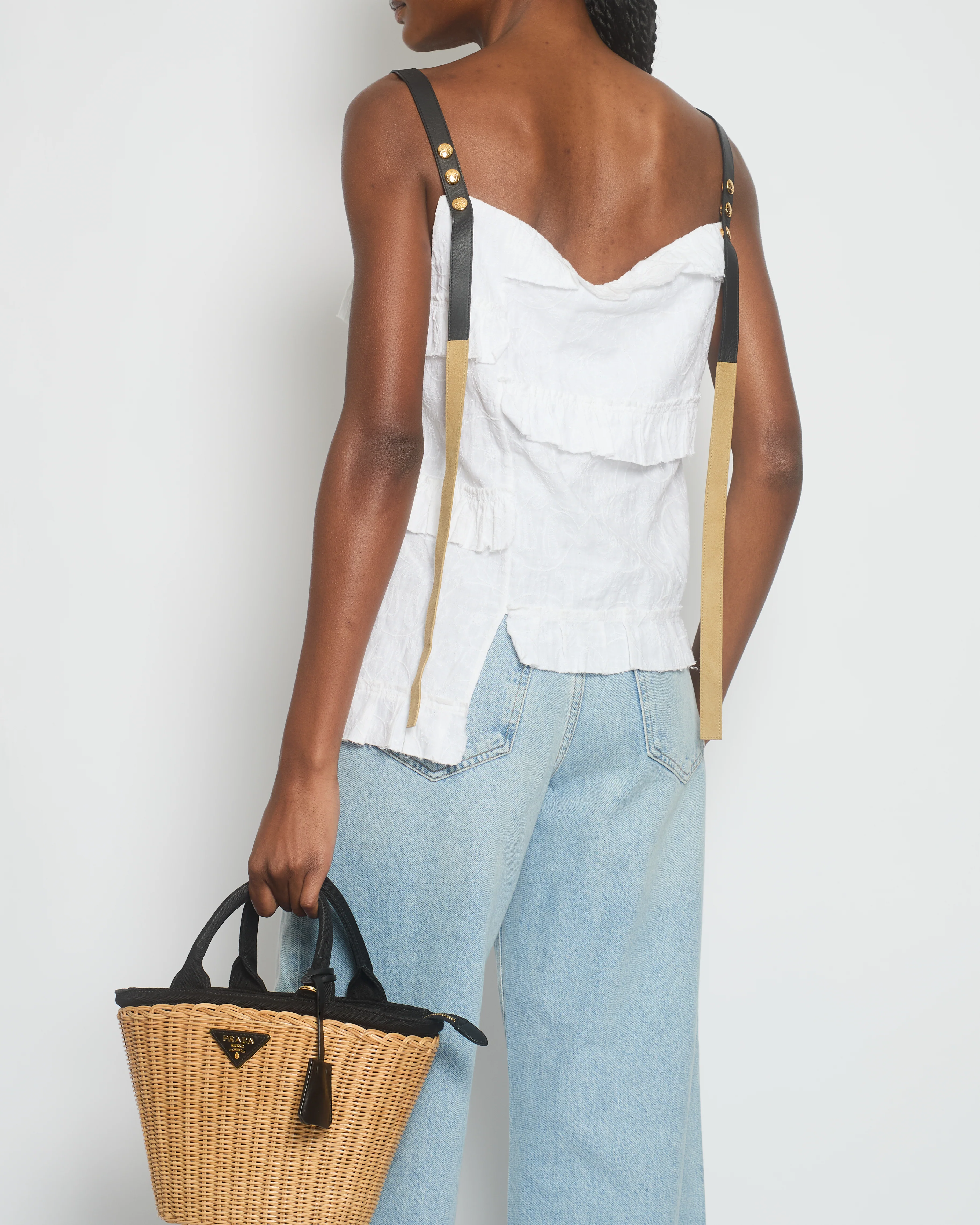 Loewe White Floral Stitched Tiered Top with Leather Strap Detail Size FR 40 (UK 12) - Image 5