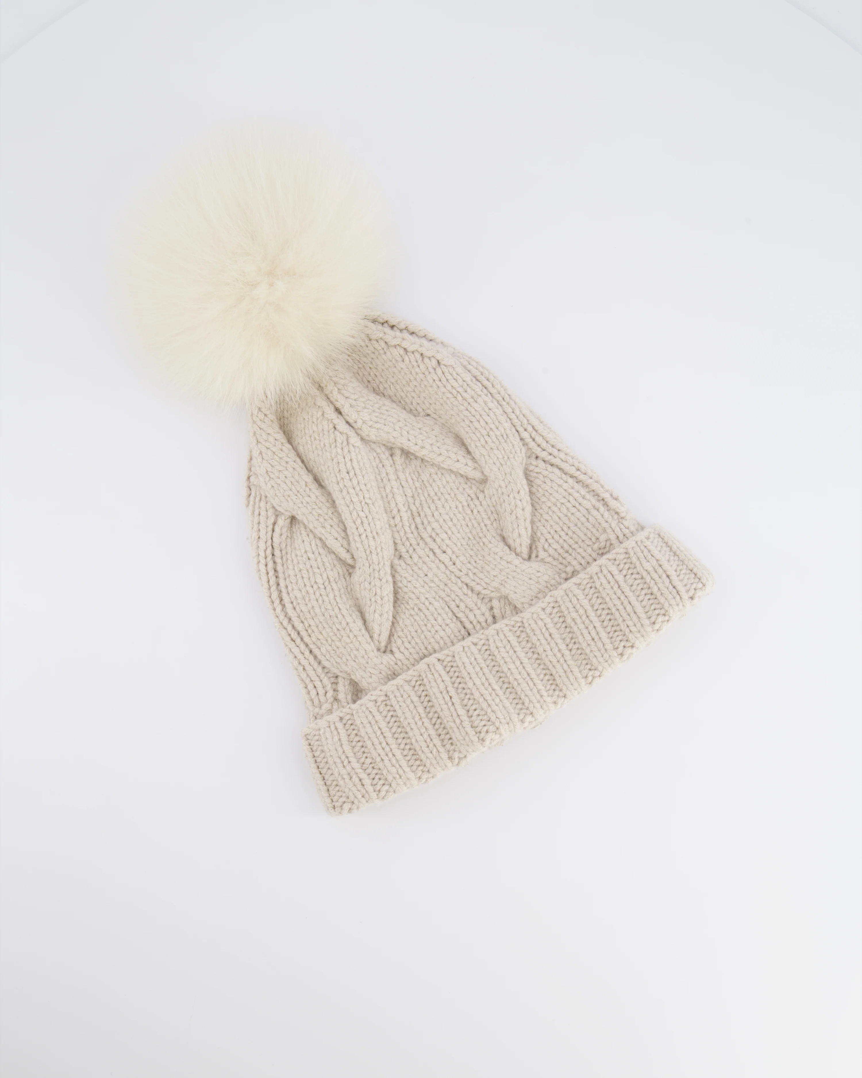 Loro Piana Beige and Gold Beanie Hat with Fox Fur Pom Pom