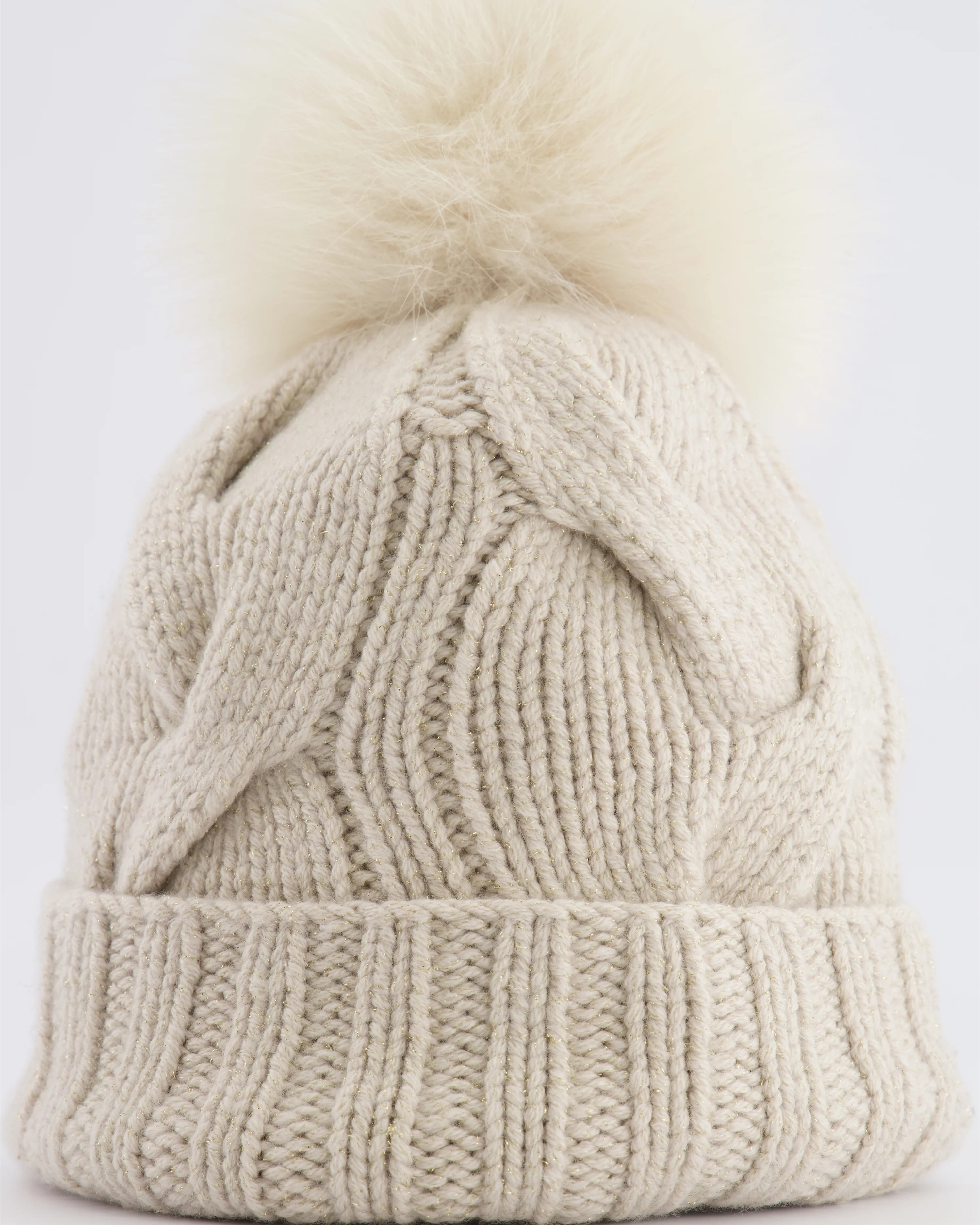 Loro Piana Beige and Gold Beanie Hat with Fox Fur Pom Pom - Image 2