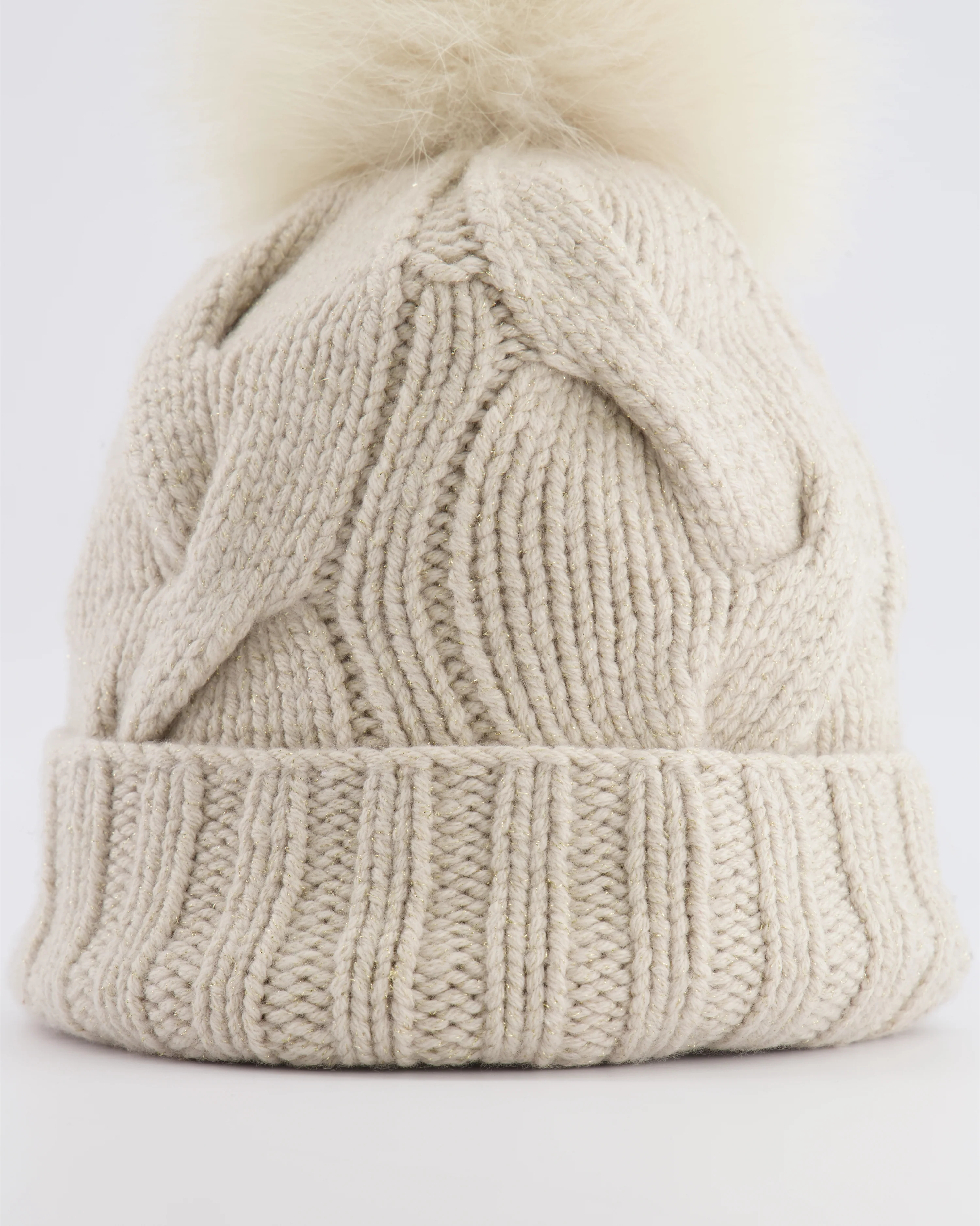 Loro Piana Beige and Gold Beanie Hat with Fox Fur Pom Pom - Image 3