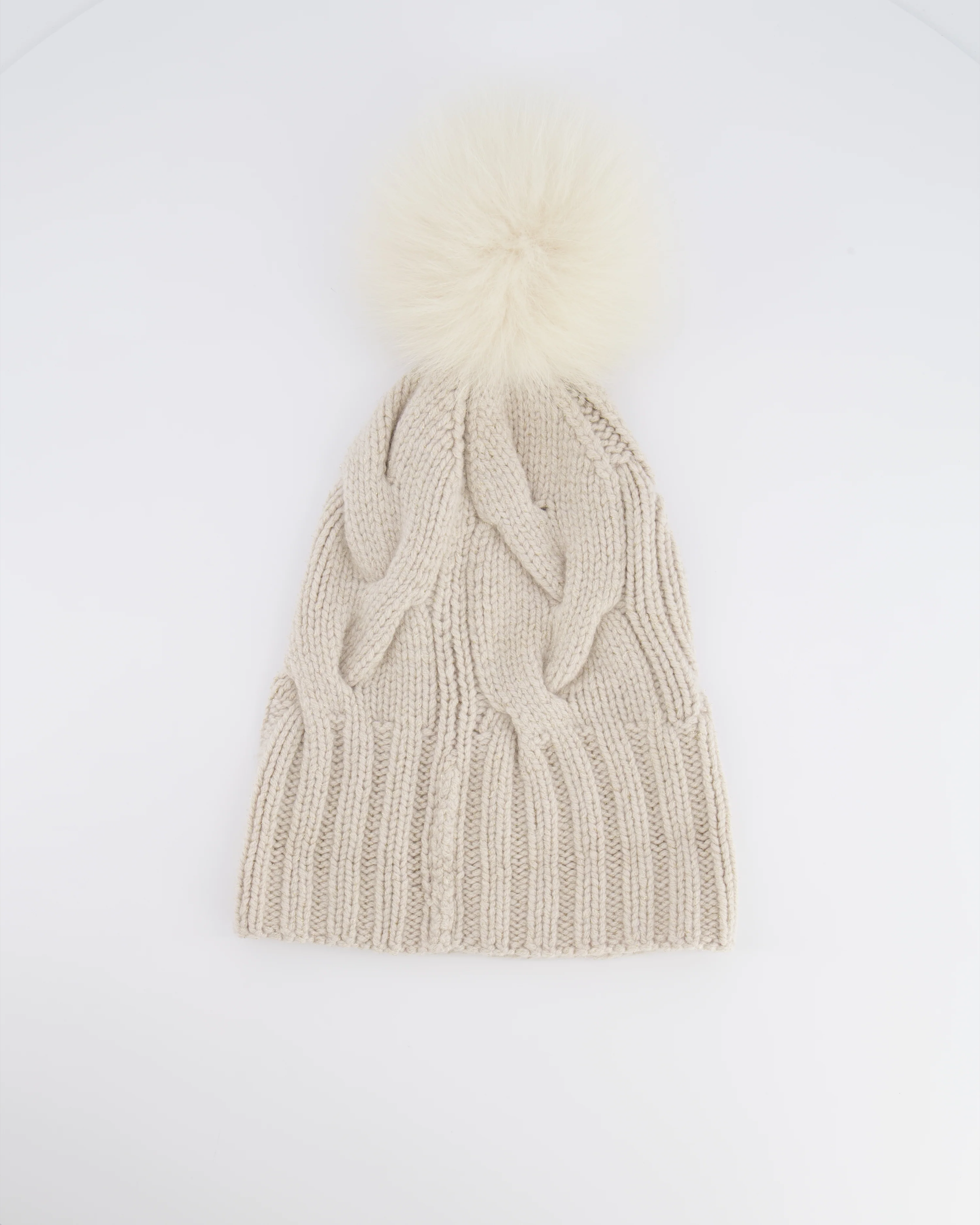 Loro Piana Beige and Gold Beanie Hat with Fox Fur Pom Pom - Image 4