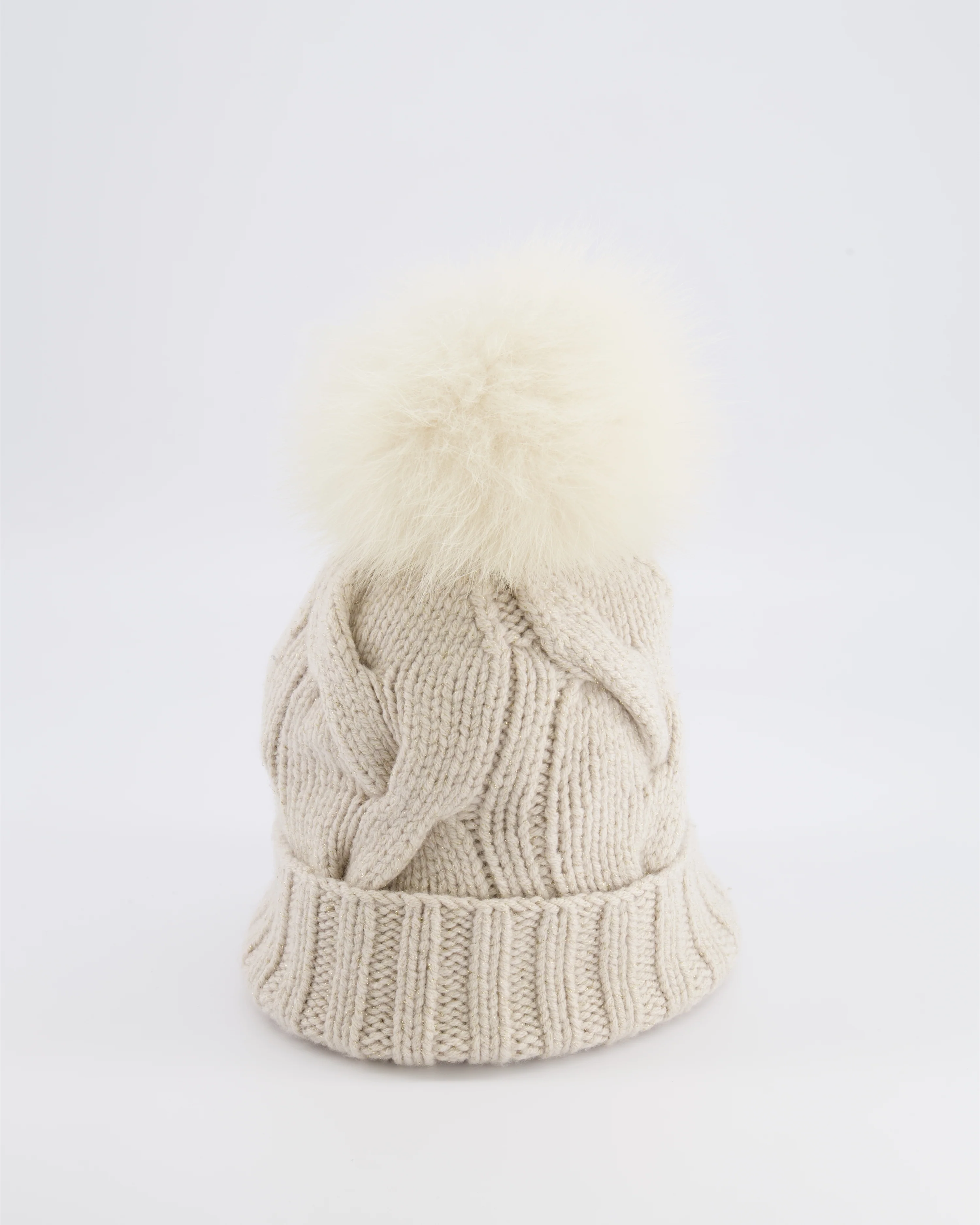 Loro Piana Beige and Gold Beanie Hat with Fox Fur Pom Pom - Image 5