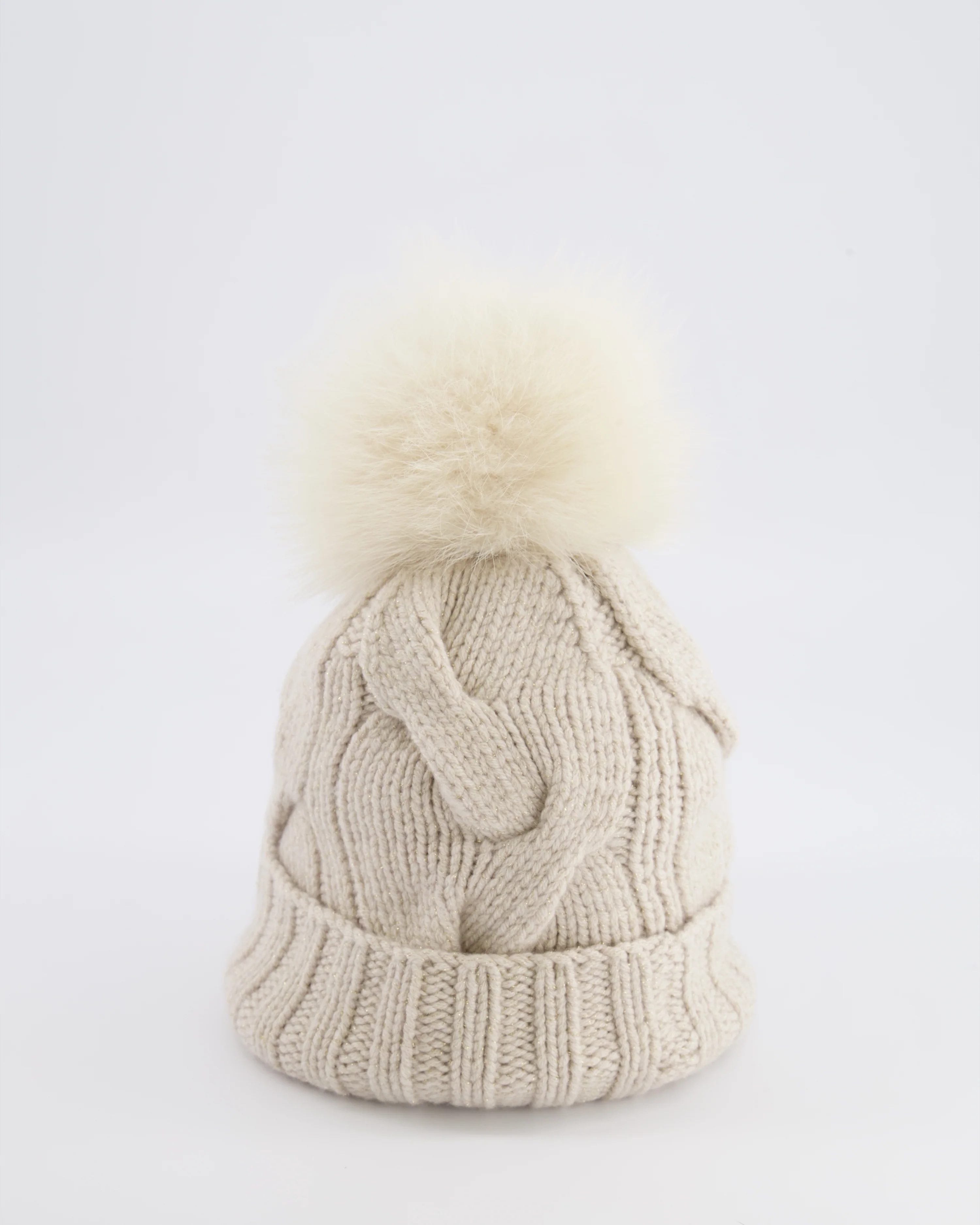Loro Piana Beige and Gold Beanie Hat with Fox Fur Pom Pom - Image 6