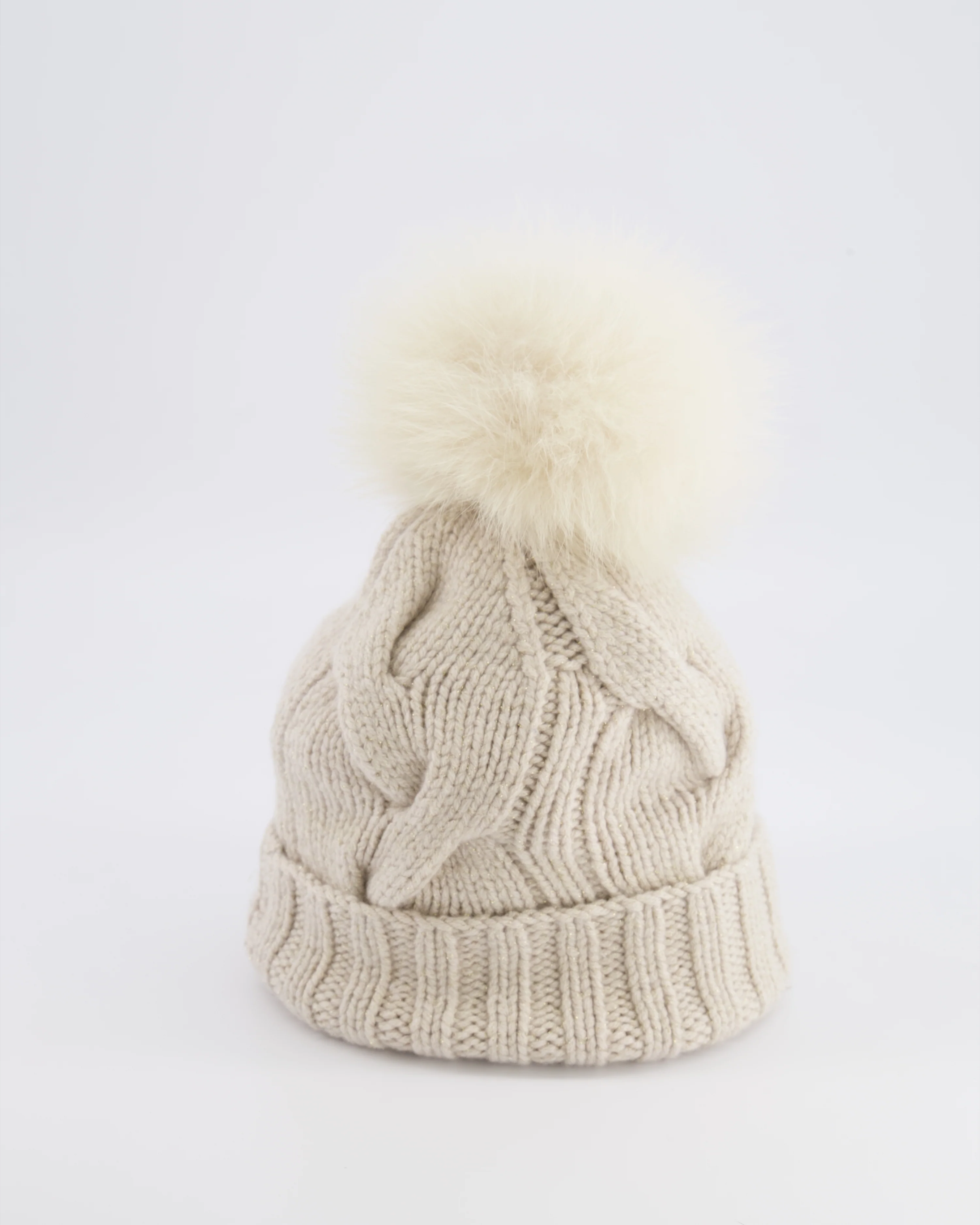 Loro Piana Beige and Gold Beanie Hat with Fox Fur Pom Pom - Image 7