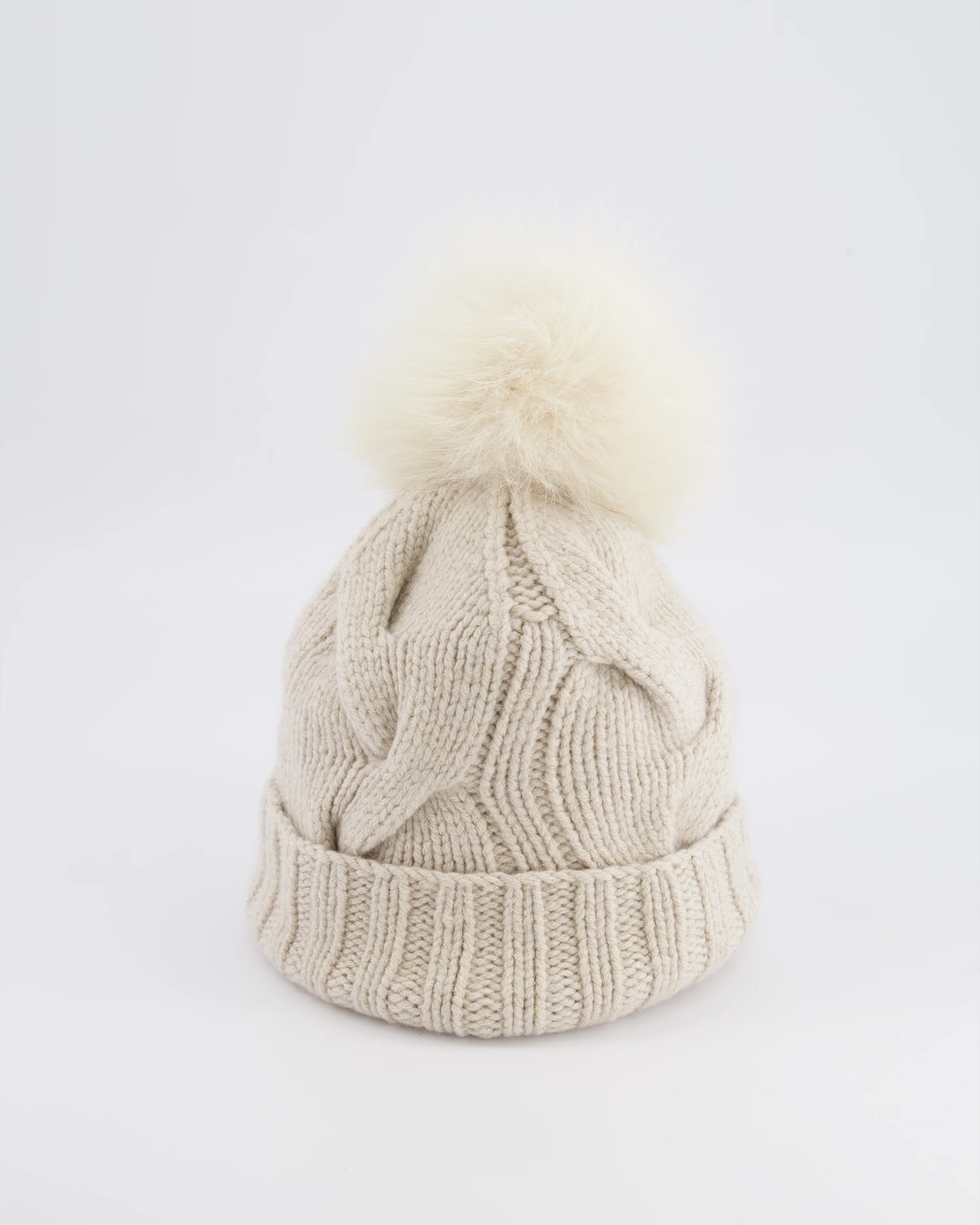 Loro Piana Beige and Gold Beanie Hat with Fox Fur Pom Pom - Image 8