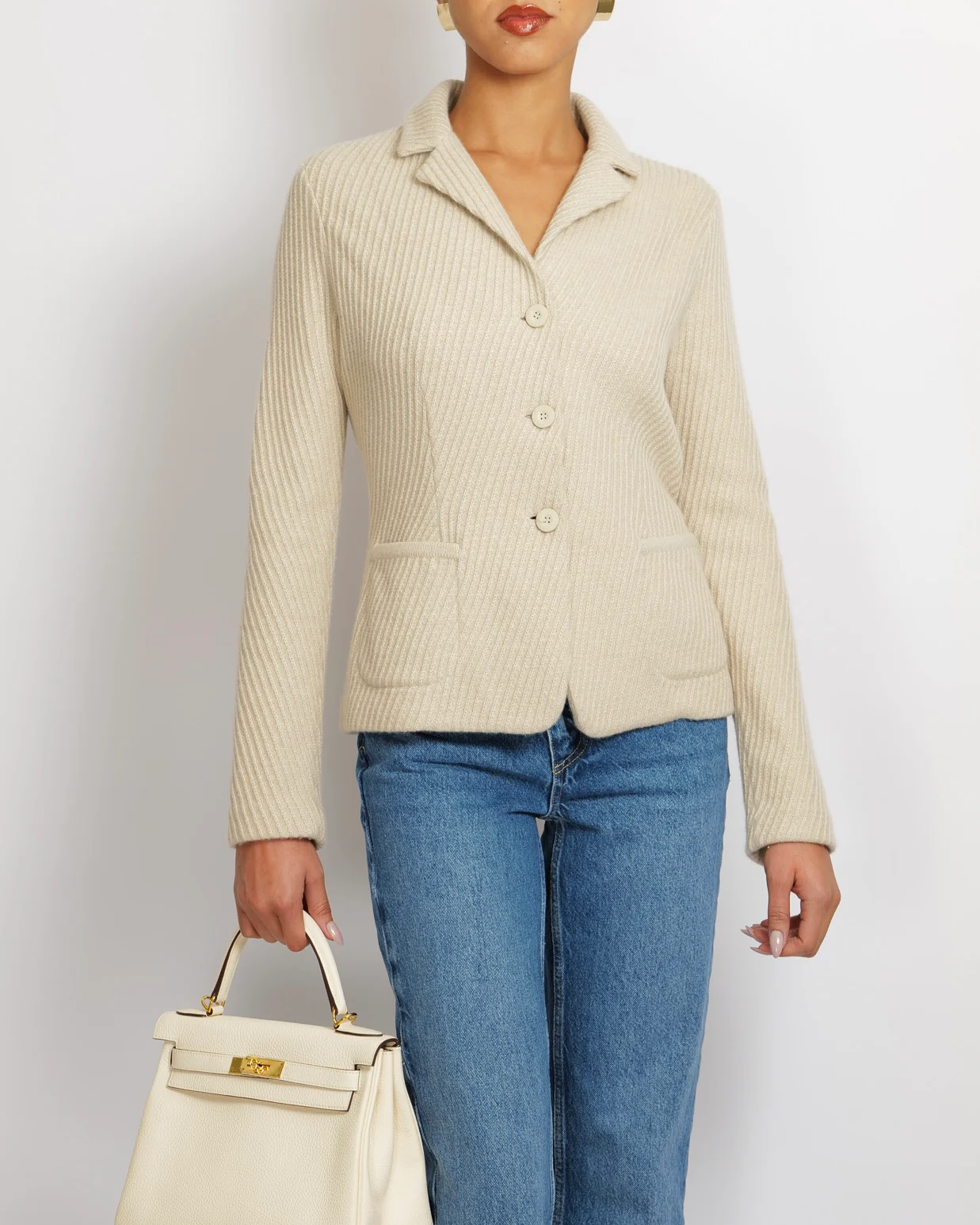 Loro Piana Beige Baby Cashmere Knitted Blazer Jacket with Beige Buttons Size IT 38 (UK 6)