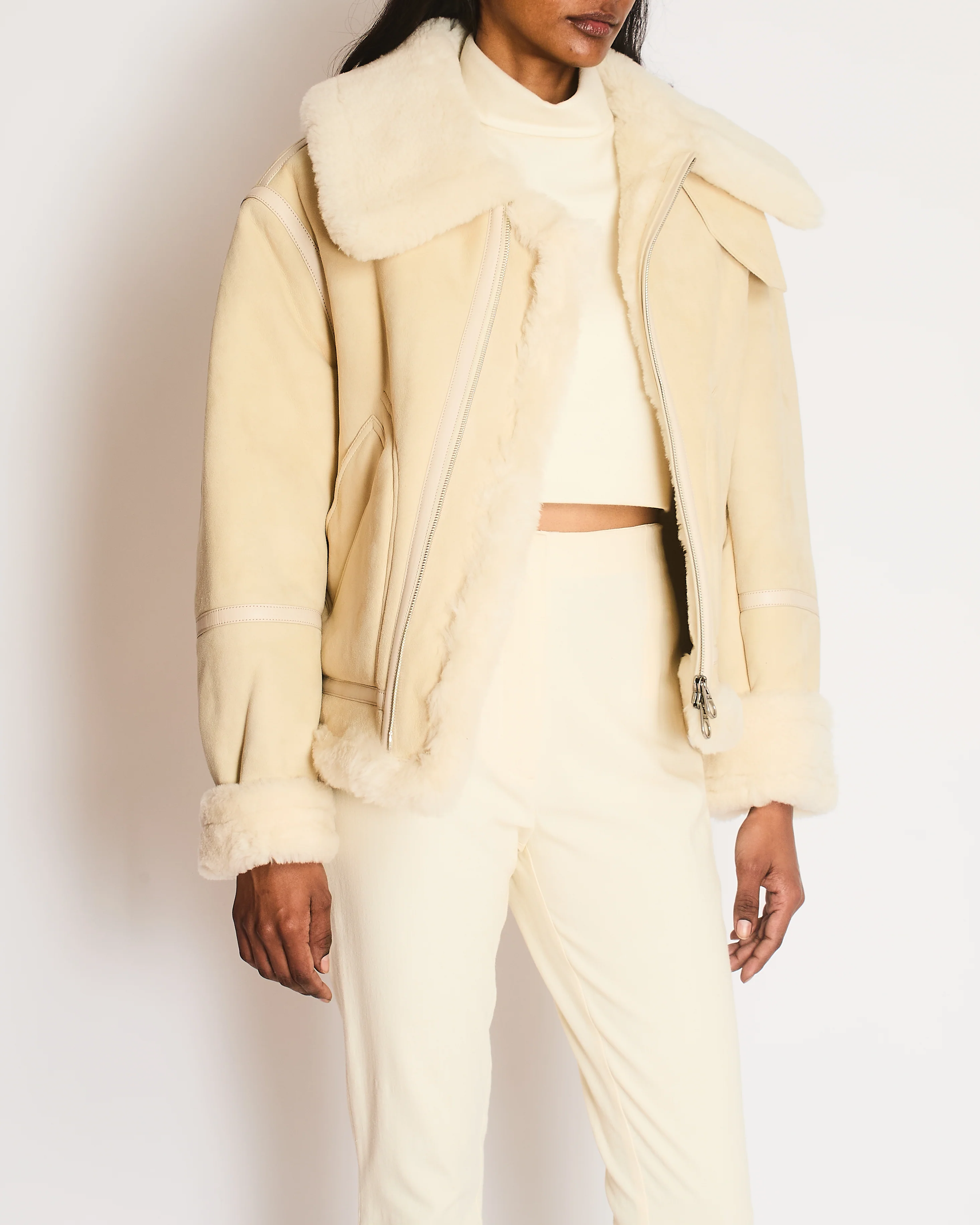 Loro Piana Beige Suede and Shearling Jacket with Leather Details Size M (UK 10)