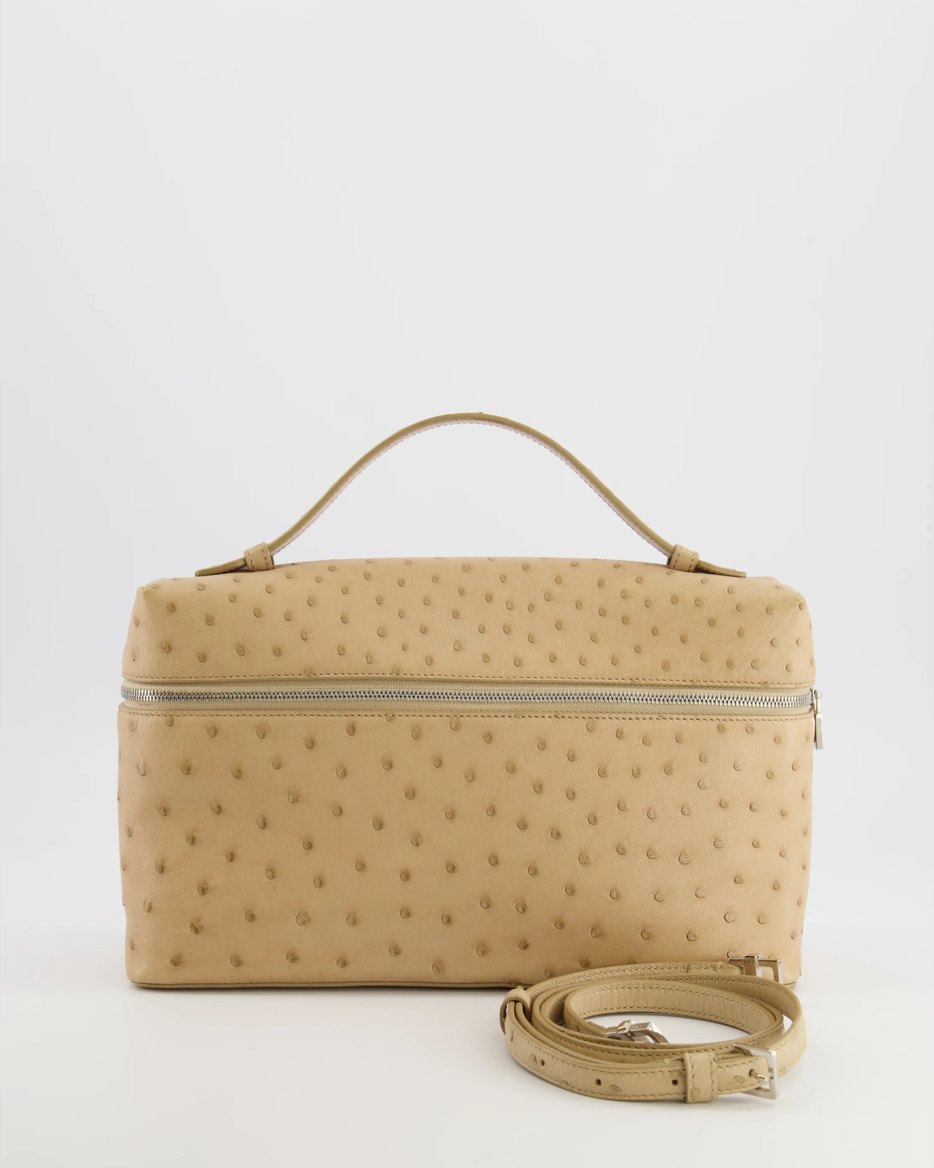 Loro Piana Extra Pocket L27 Pouch Bag in Beige Ostrich Leather with Silver Hardware