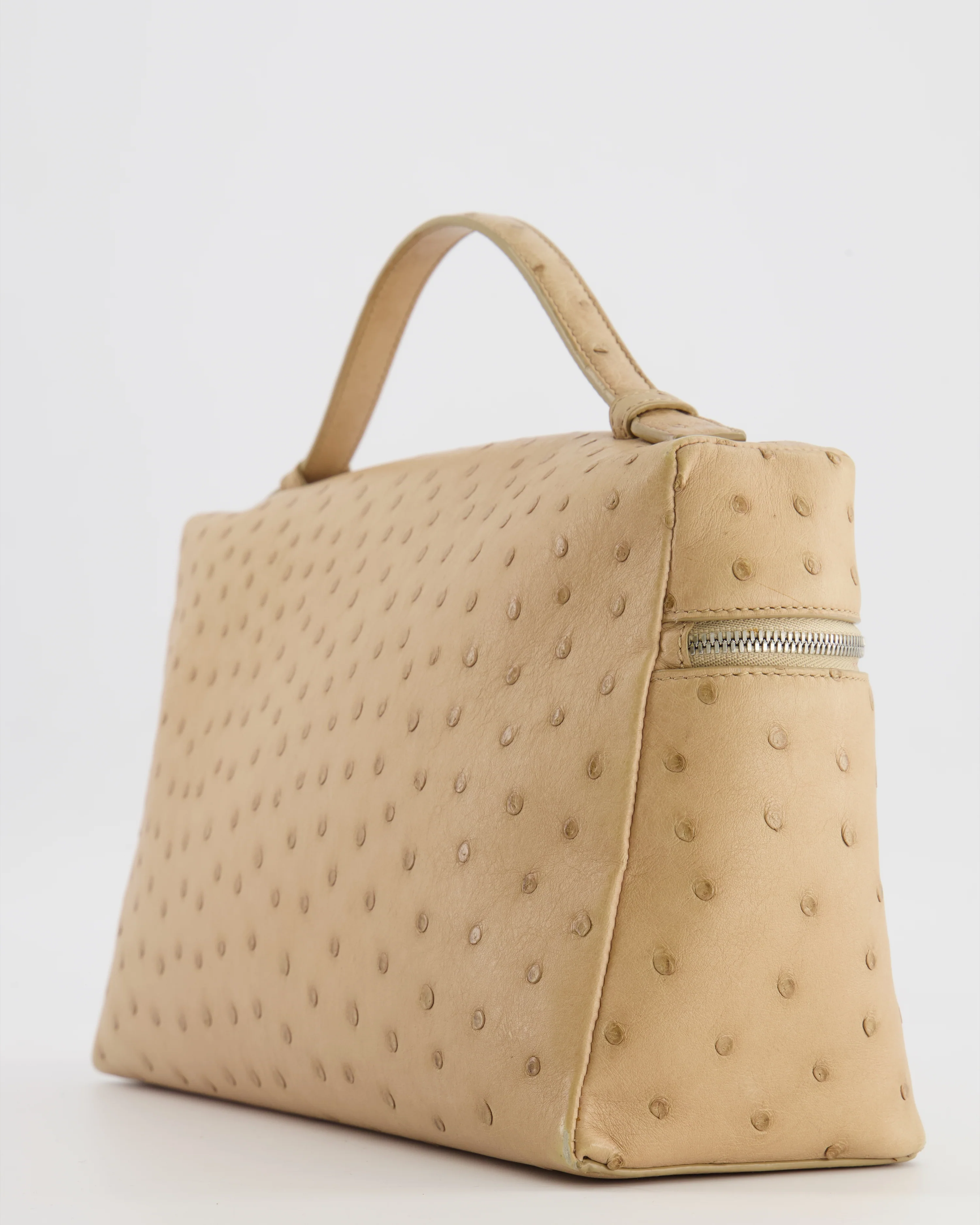 Loro Piana Extra Pocket L27 Pouch Bag in Beige Ostrich Leather with Silver Hardware - Image 13
