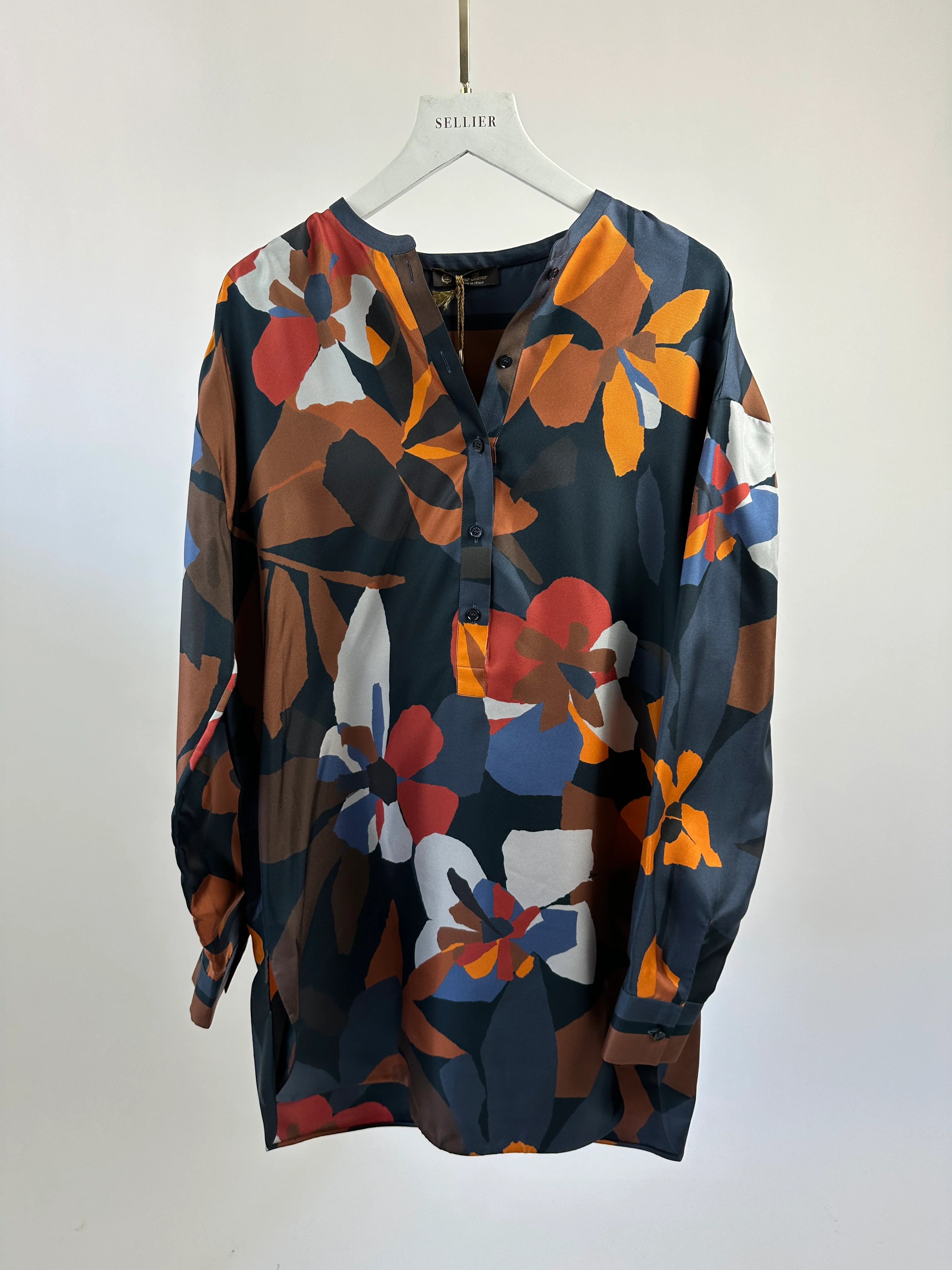 Loro Piana Floral Orange and Navy Long Sleeve Silk Shirt Size IT 40 (UK 8) - Image 4