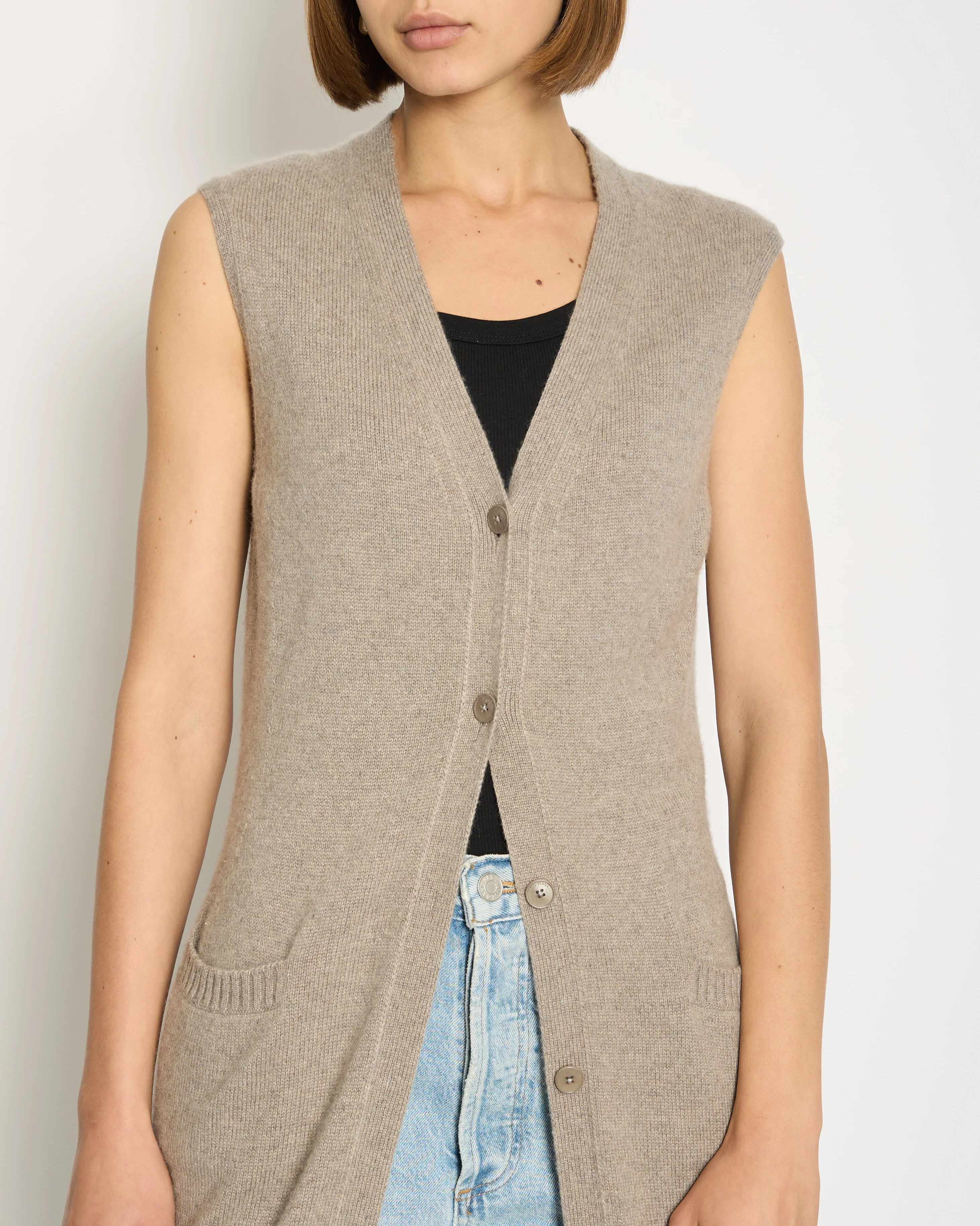 Loro Piana Grey Cashmere Longline Sleeveless Cardigan IT 42 (UK 10) - Image 3