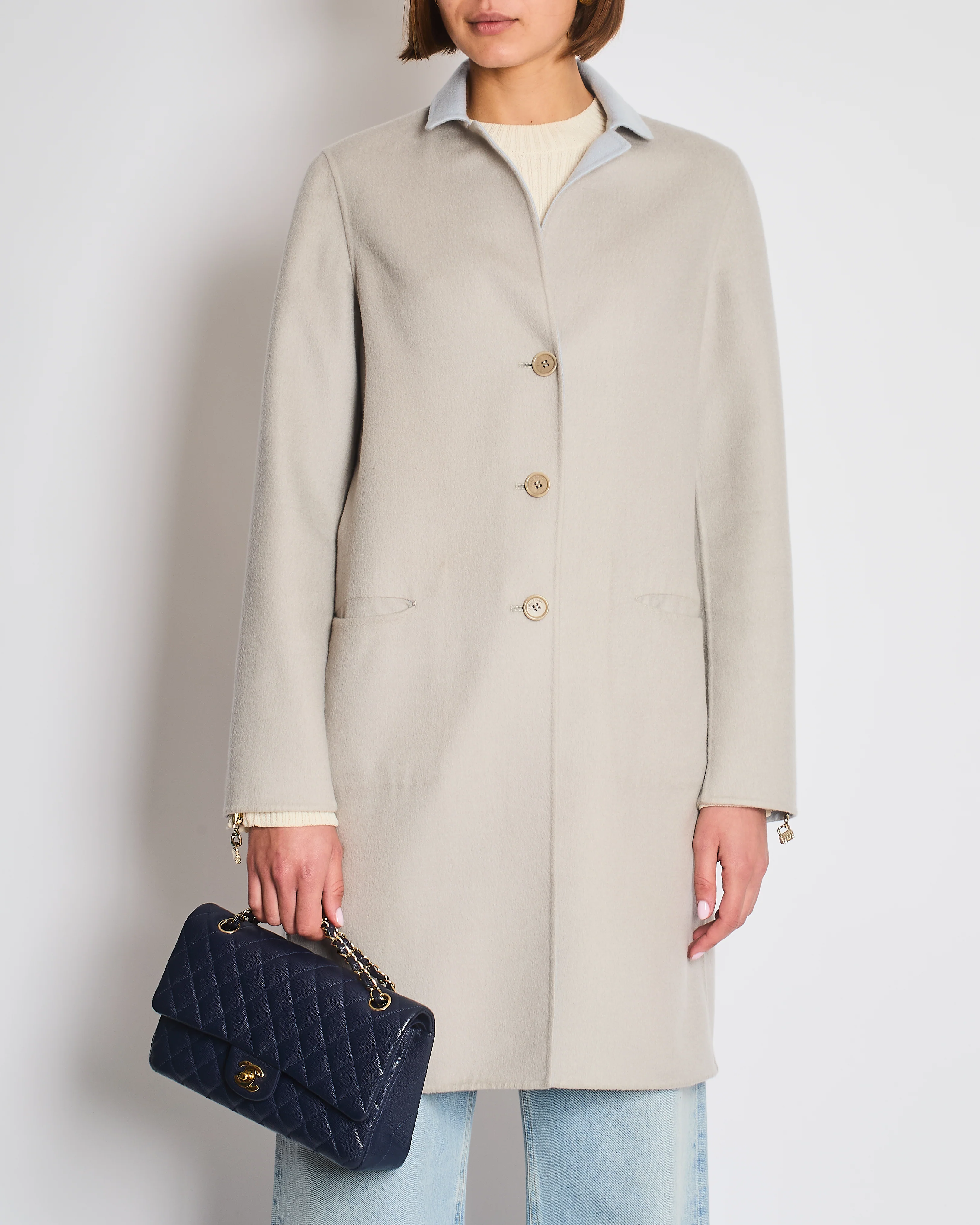 Loro Piana Light Grey and Blue Cashmere Reversible Light Coat Size IT 42 (UK 10) - Image 2