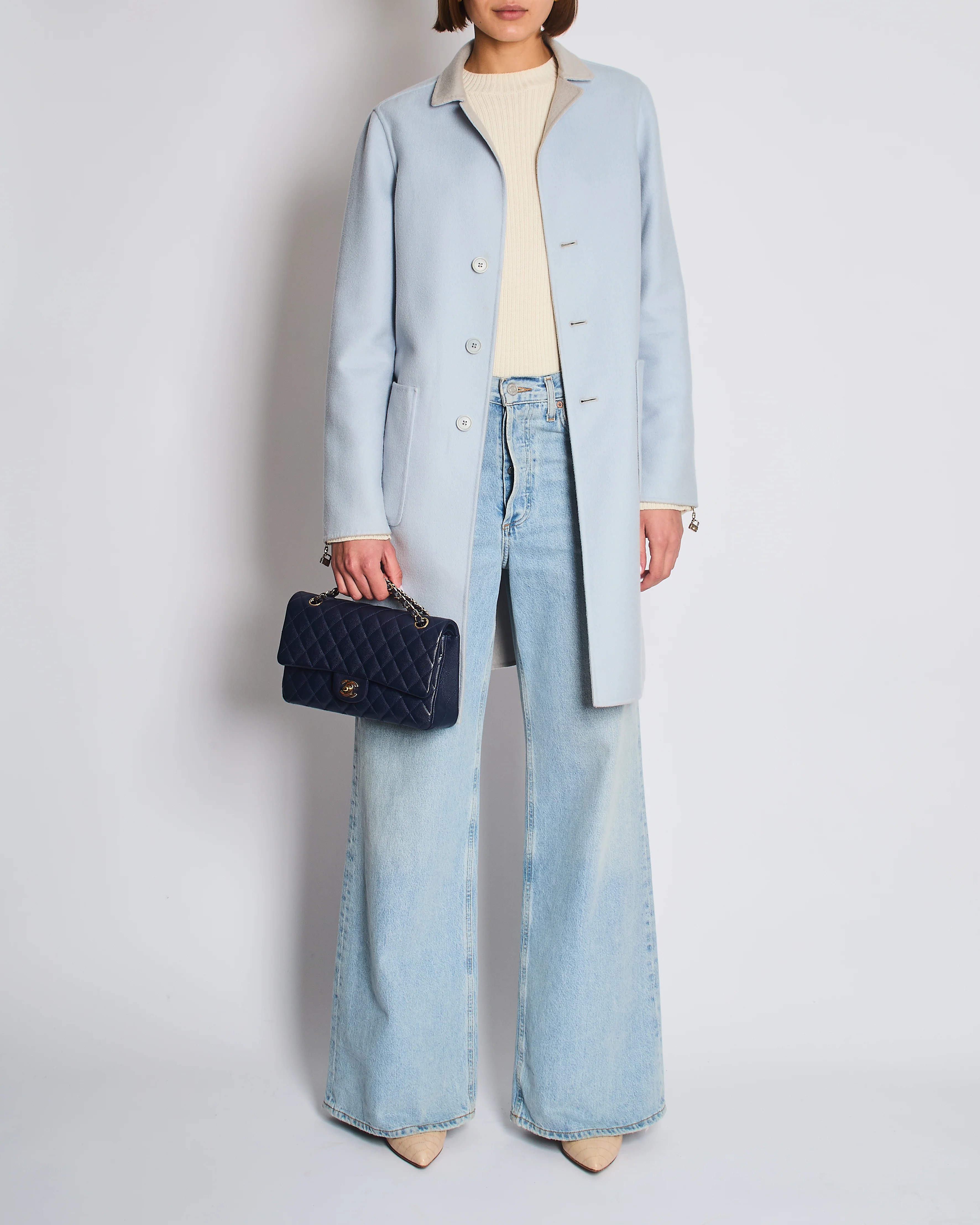 Loro Piana Light Grey and Blue Cashmere Reversible Light Coat Size IT 42 (UK 10) - Image 5