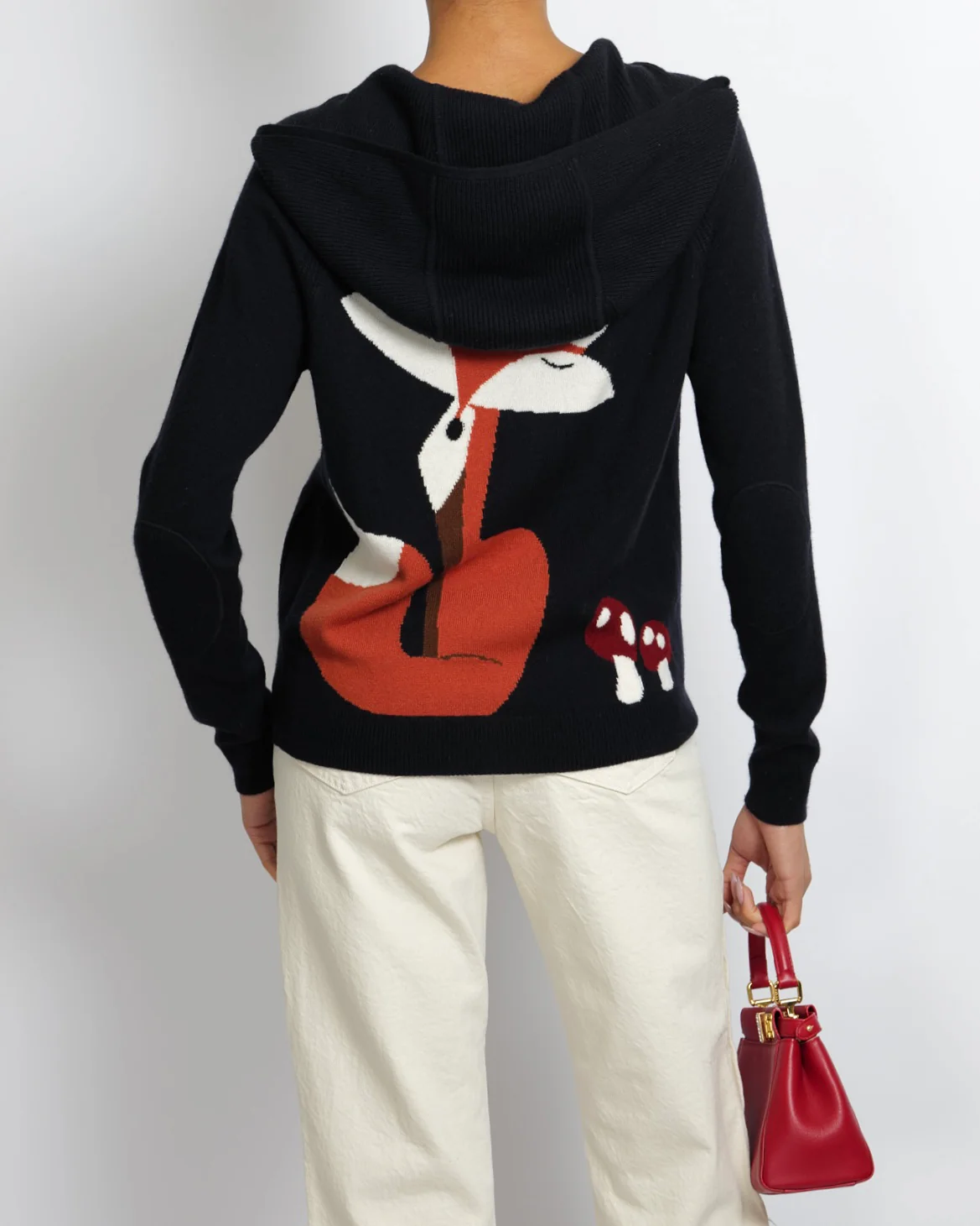 Loro Piana Navy Baby Cashmere Ribbed Long-Sleeved Hooded Gilet with Mushrooms and Fox Print Size IT 40 (UK 8) - Image 2
