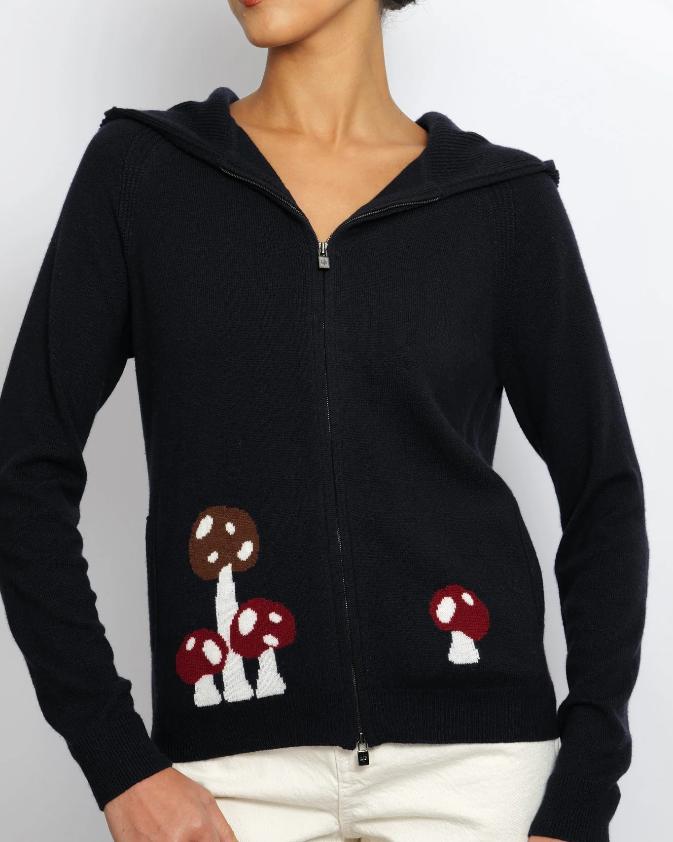 Loro Piana Navy Baby Cashmere Ribbed Long-Sleeved Hooded Gilet with Mushrooms and Fox Print Size IT 40 (UK 8) - Image 3