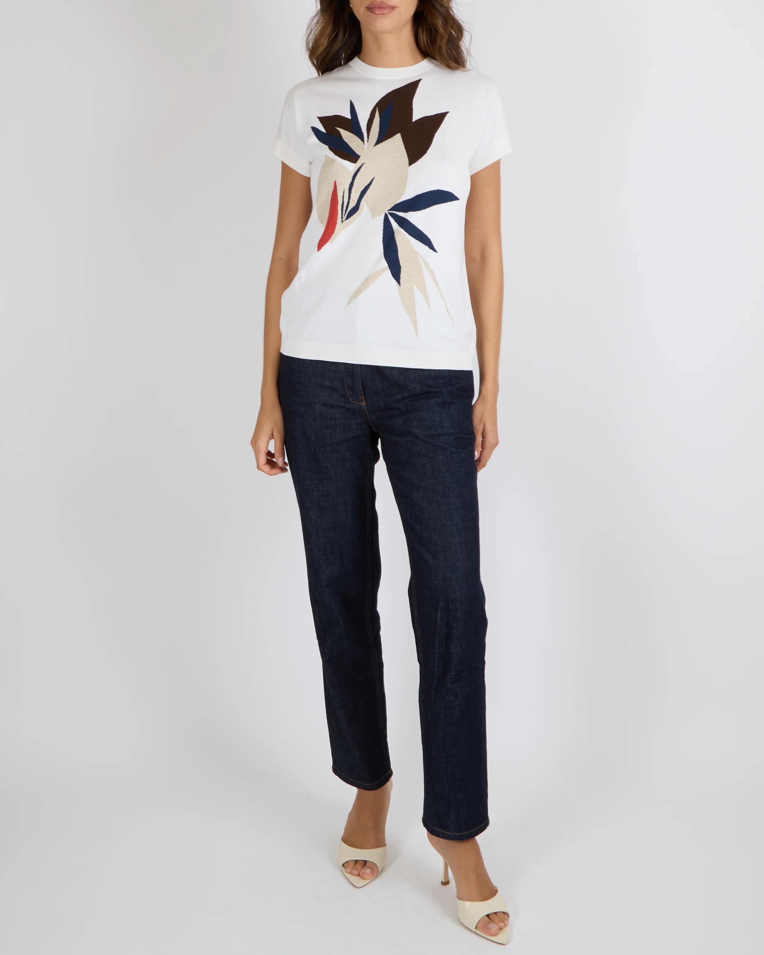 Loro Piana White Knit Short-Sleeved T-Shirt with Beige, Blue and Orange Flower Print Size IT 44 (UK 12) - Image 3
