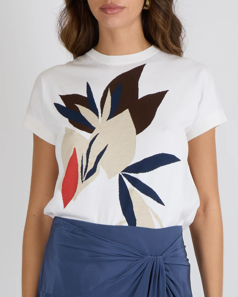 Loro Piana White Knit Short-Sleeved T-Shirt with Beige, Blue and Orange Flower Print Size IT 44 (UK 12) - Image 4