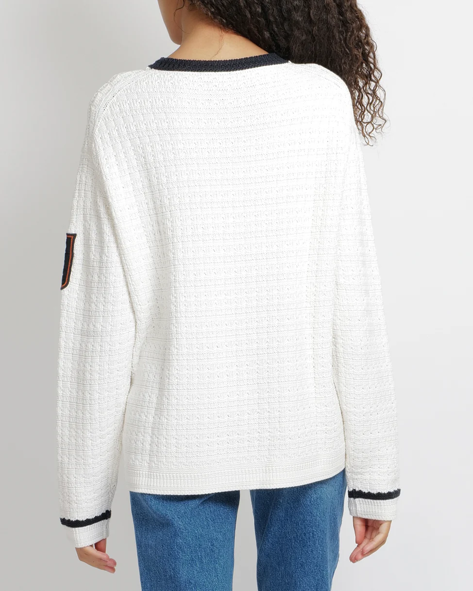Loro Piana White Silk Knitted Jumper with NavyTrims and Monaco Arm Patch Size L (UK 12) - Image 3