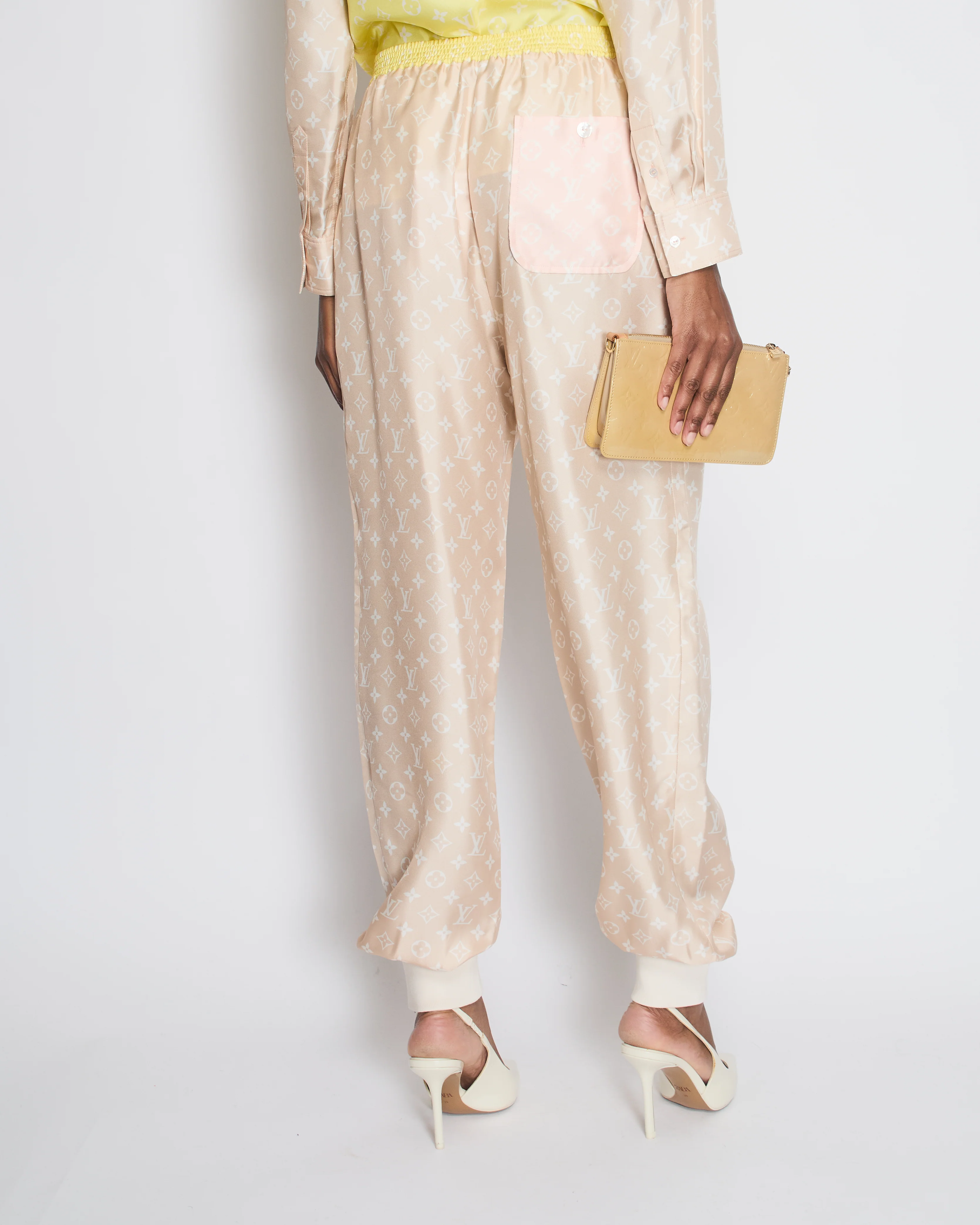 Louis Vuitton Beige Silk Monogram Joggers with Cuff Detail Size FR 40 (UK 12) - Image 2