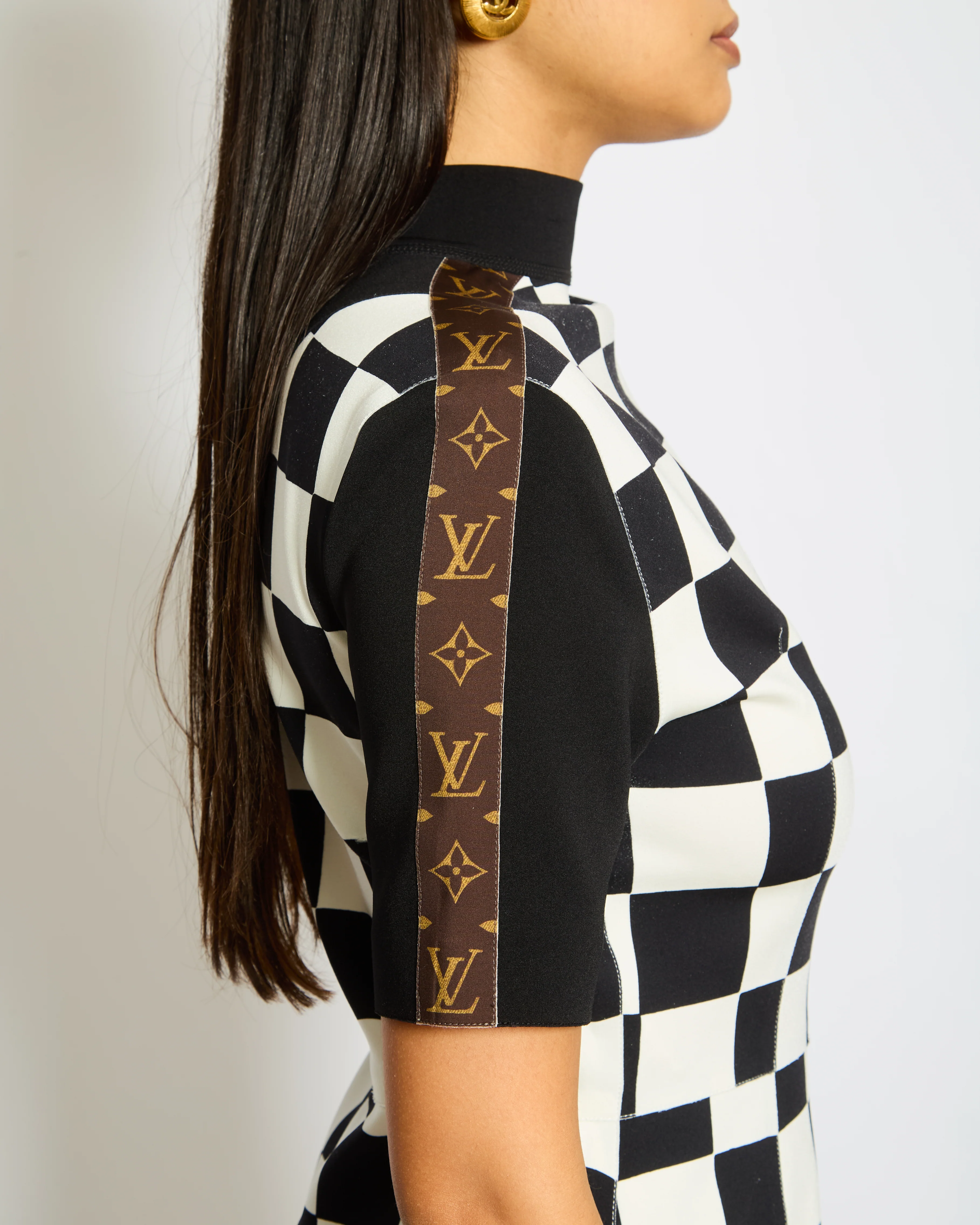 Louis Vuitton Black and White Checkered Mini Dress with Brown Monogram Details FR 38 (UK 10) - Image 2