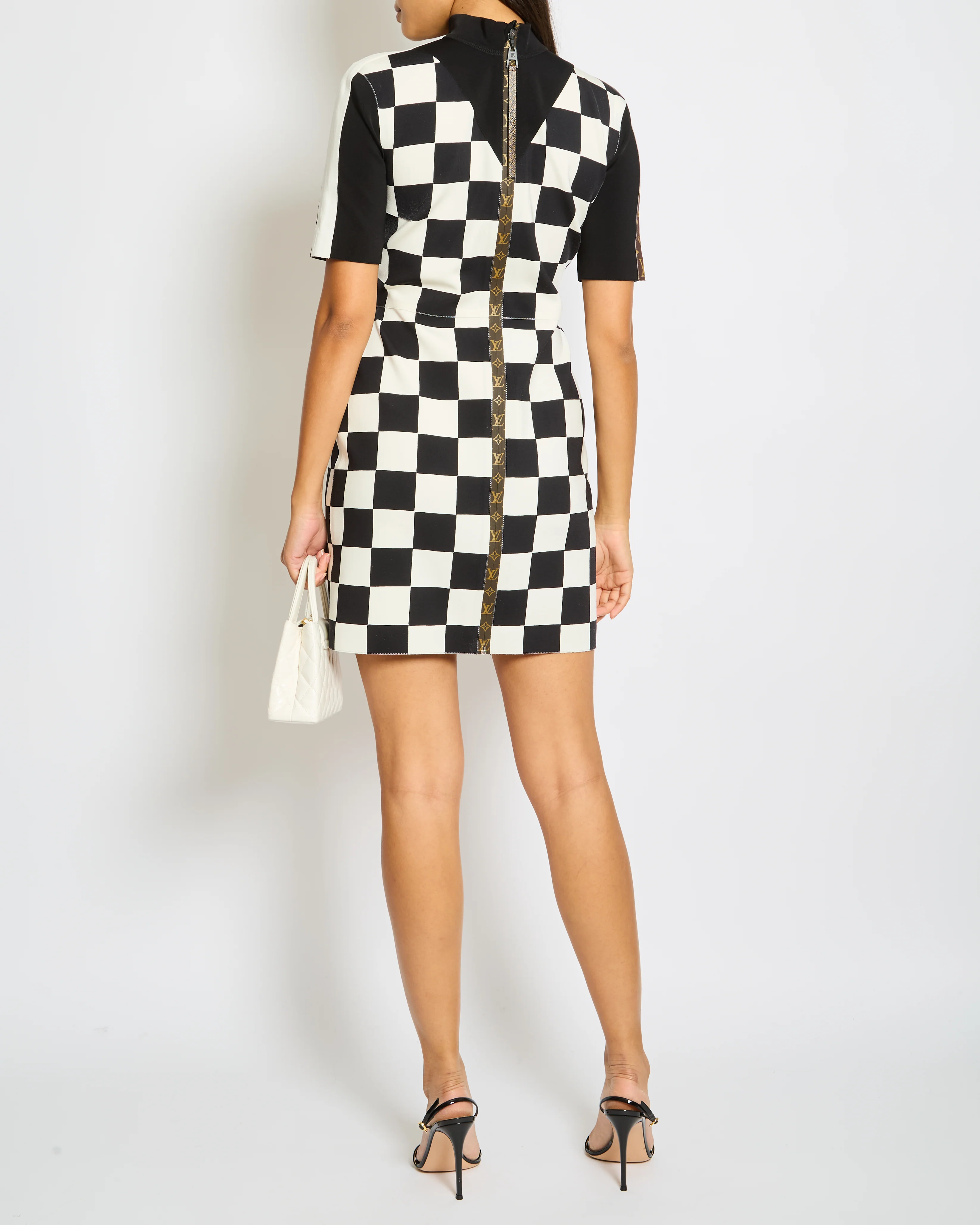 Louis Vuitton Black and White Checkered Mini Dress with Brown Monogram Details FR 38 (UK 10) - Image 3