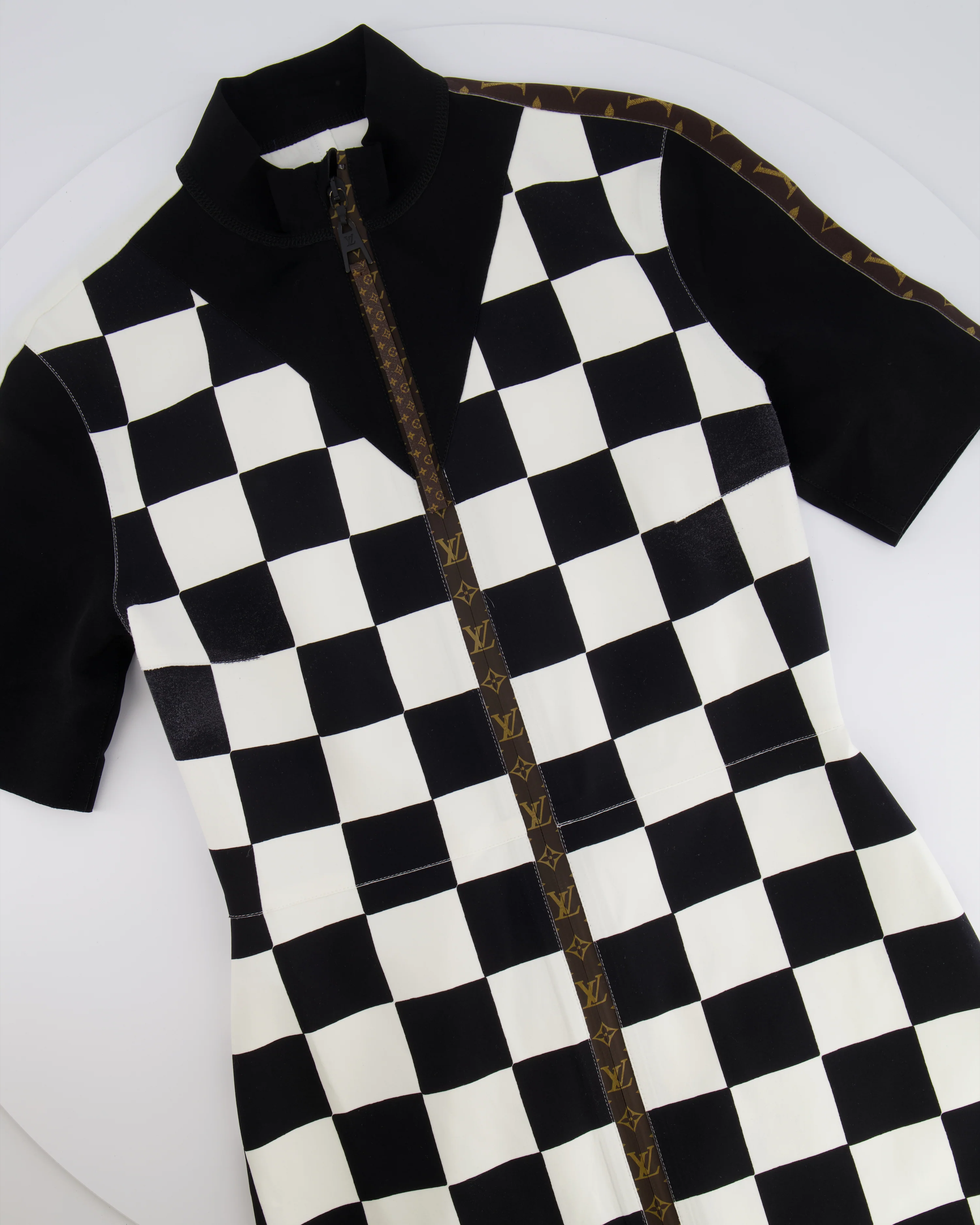 Louis Vuitton Black and White Checkered Mini Dress with Brown Monogram Details FR 38 (UK 10) - Image 5