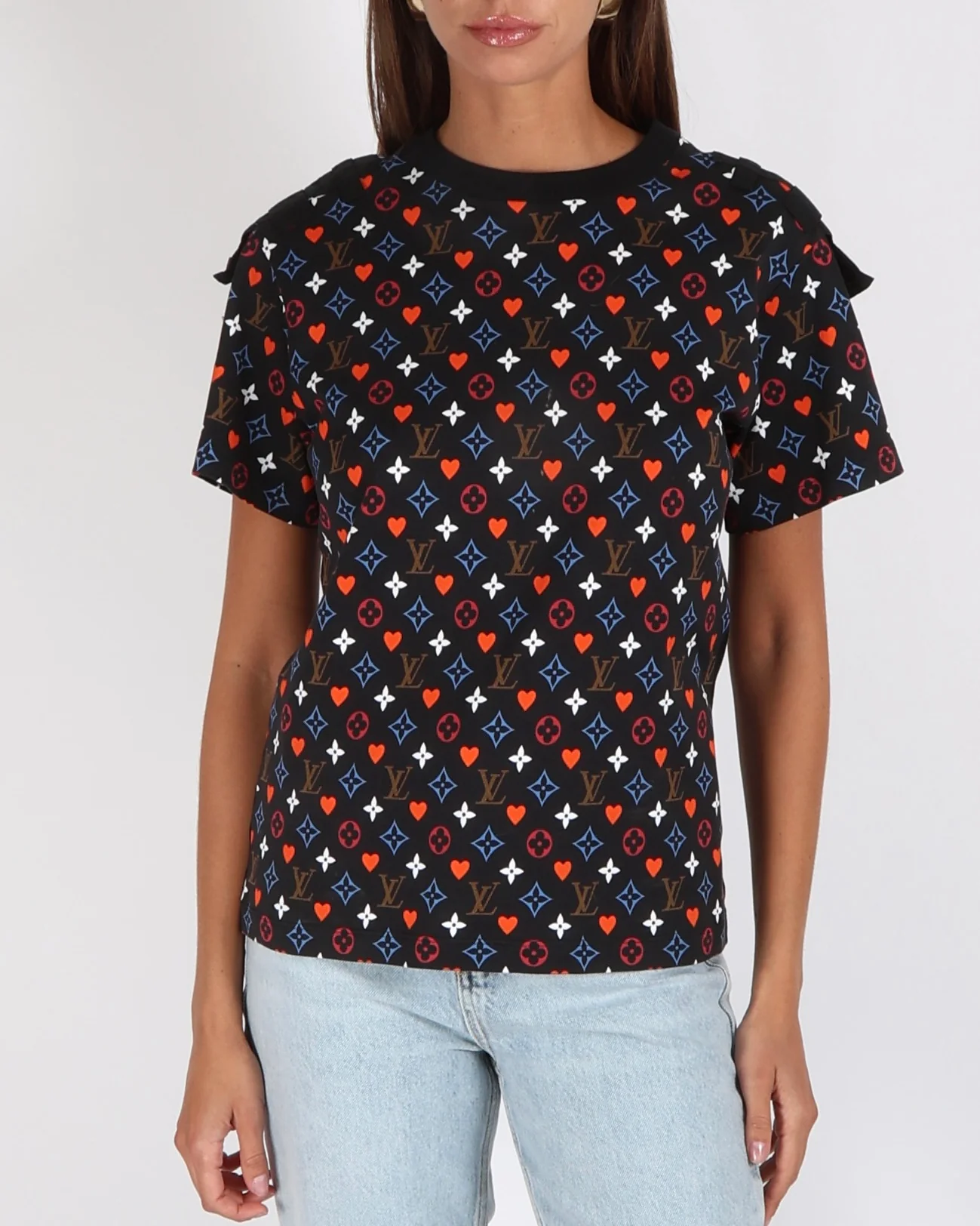 Louis Vuitton Black Game-On T-Shirt with Multi-Colour Monogram Pattern and Red Heart Motif with Silver Stud Details Size S (UK 8)