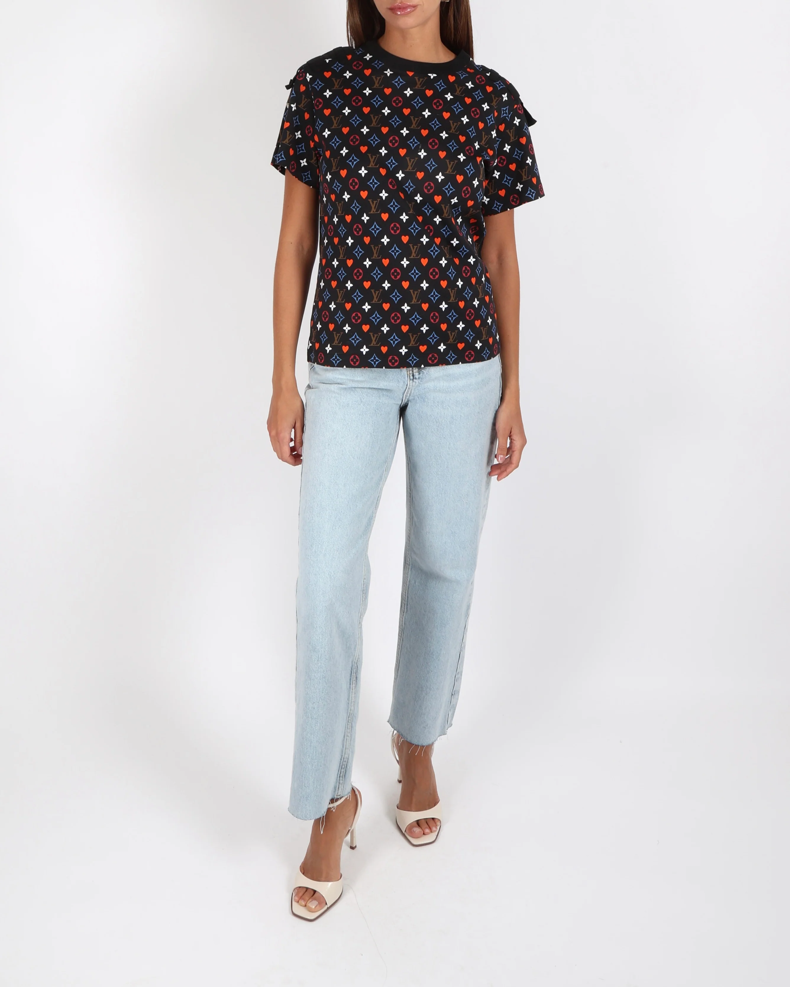 Louis Vuitton Black Game-On T-Shirt with Multi-Colour Monogram Pattern and Red Heart Motif with Silver Stud Details Size S (UK 8) - Image 3