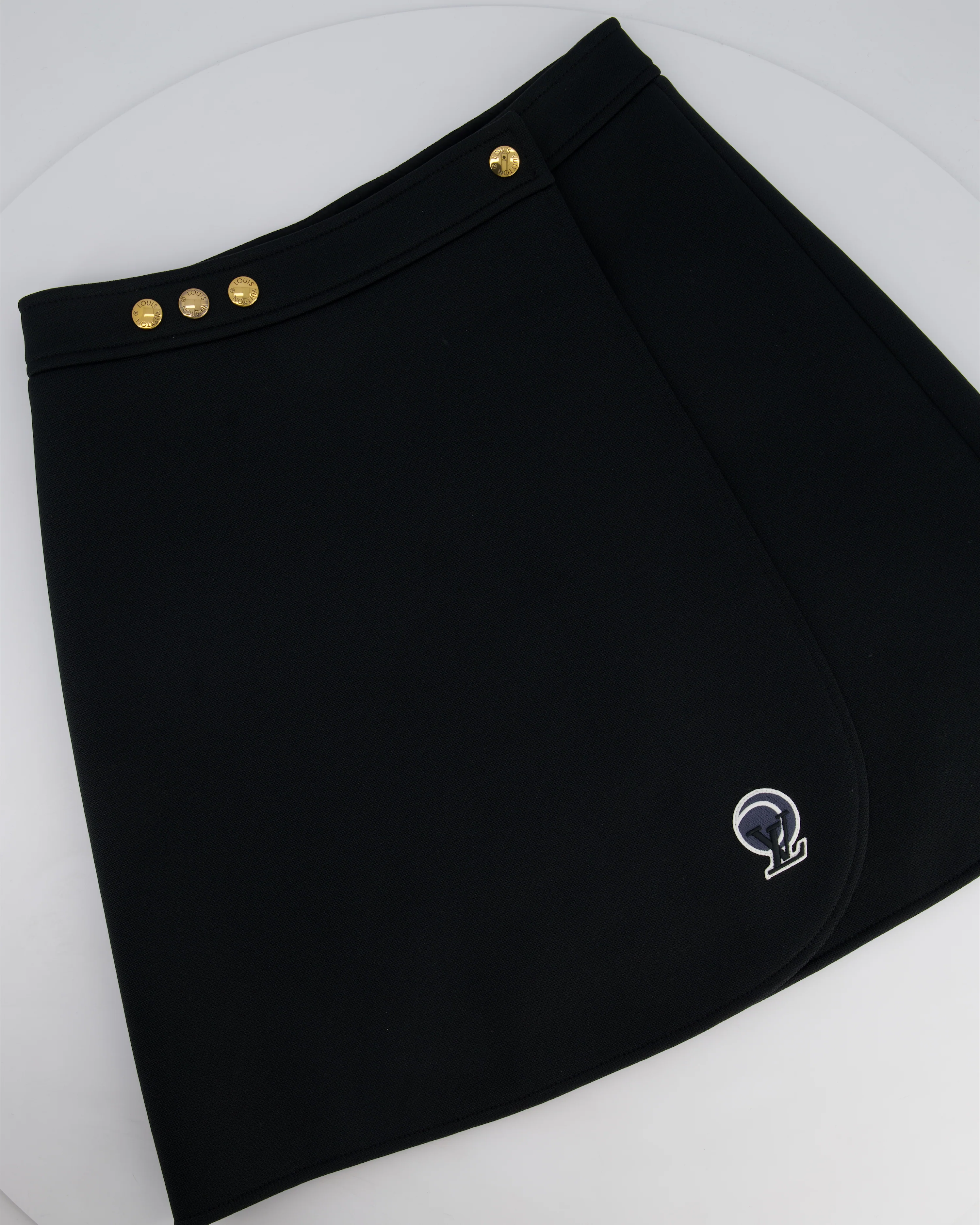 Louis Vuitton Black Mini Skirt with Gold Buttons and Logo Patch Detailing Size FR 38 (UK 10) - Image 8