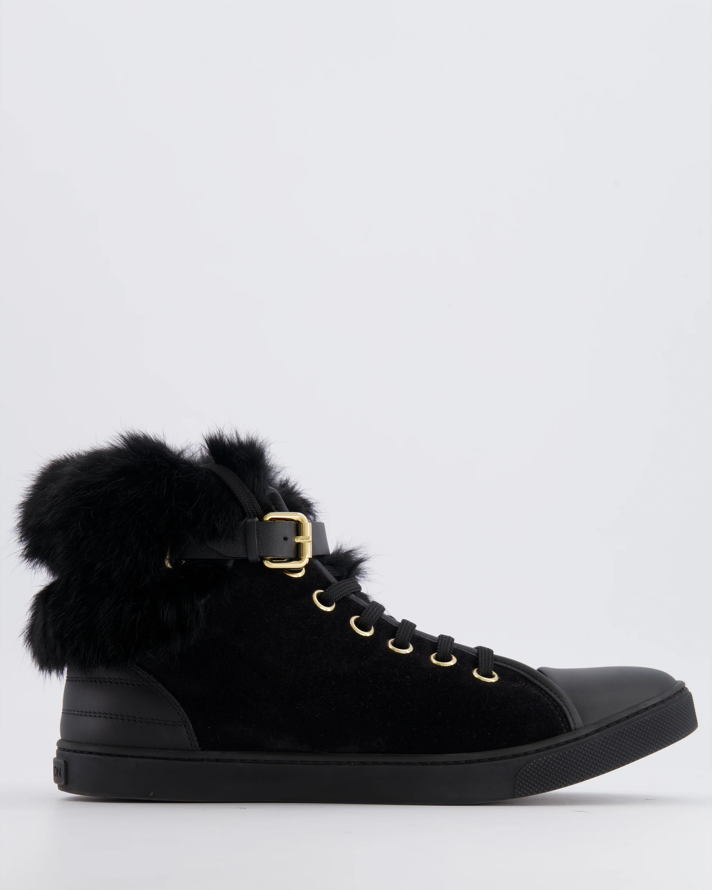 Louis Vuitton Black Suede Lace Up Sneakers with Fur Lining and Buckle Detail Size EU 38