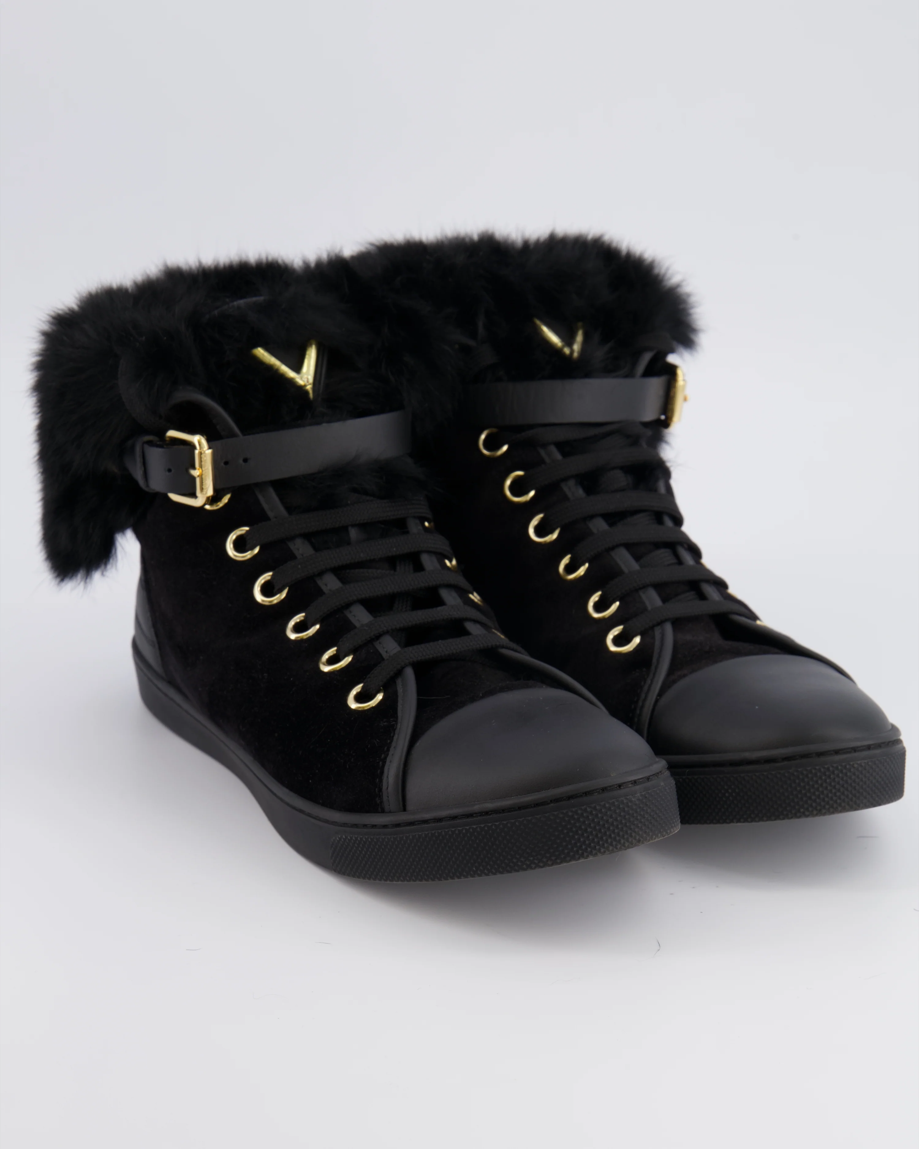Louis Vuitton Black Suede Lace Up Sneakers with Fur Lining and Buckle Detail Size EU 38 - Image 2