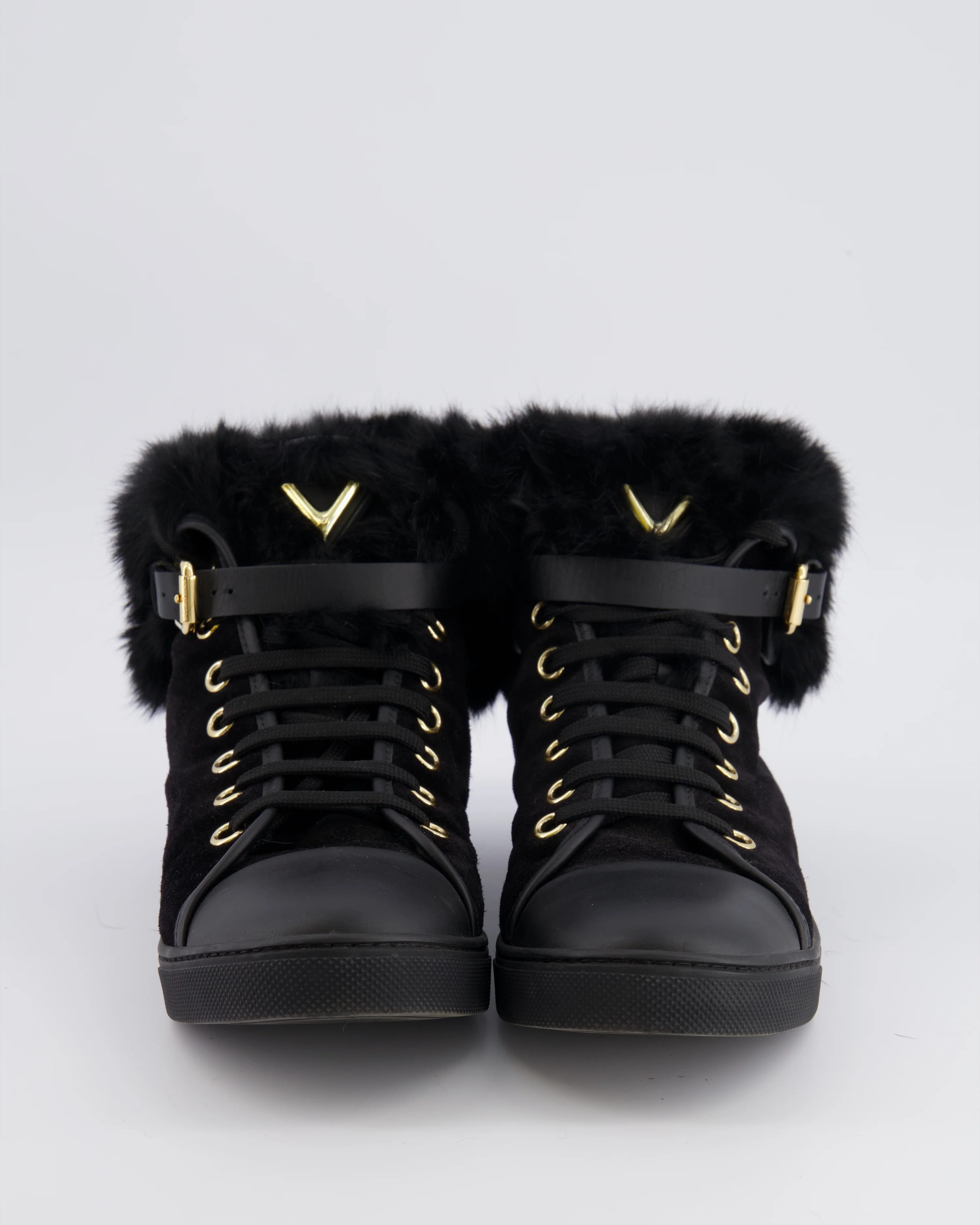 Louis Vuitton Black Suede Lace Up Sneakers with Fur Lining and Buckle Detail Size EU 38 - Image 4