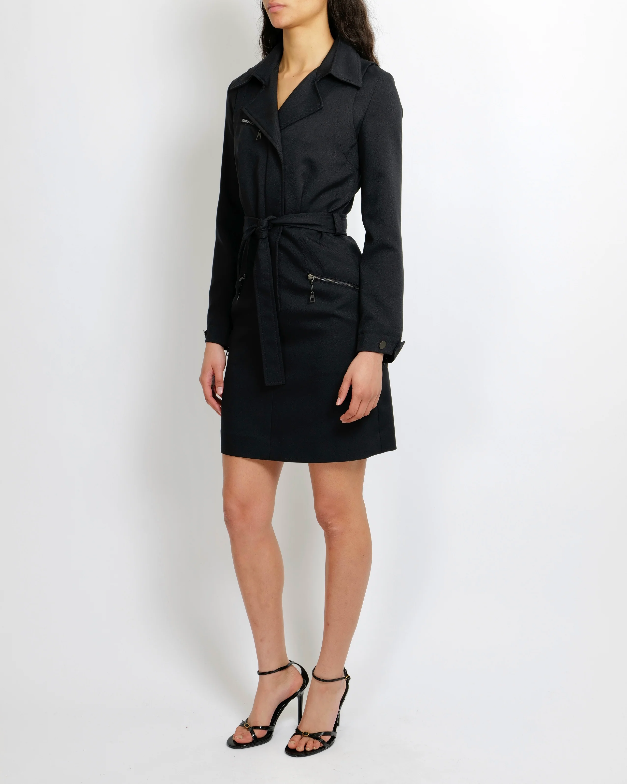 Louis Vuitton Black Trench Coat Dress with Belt and LV logo Zip Details Size FR 36 (UK 8)