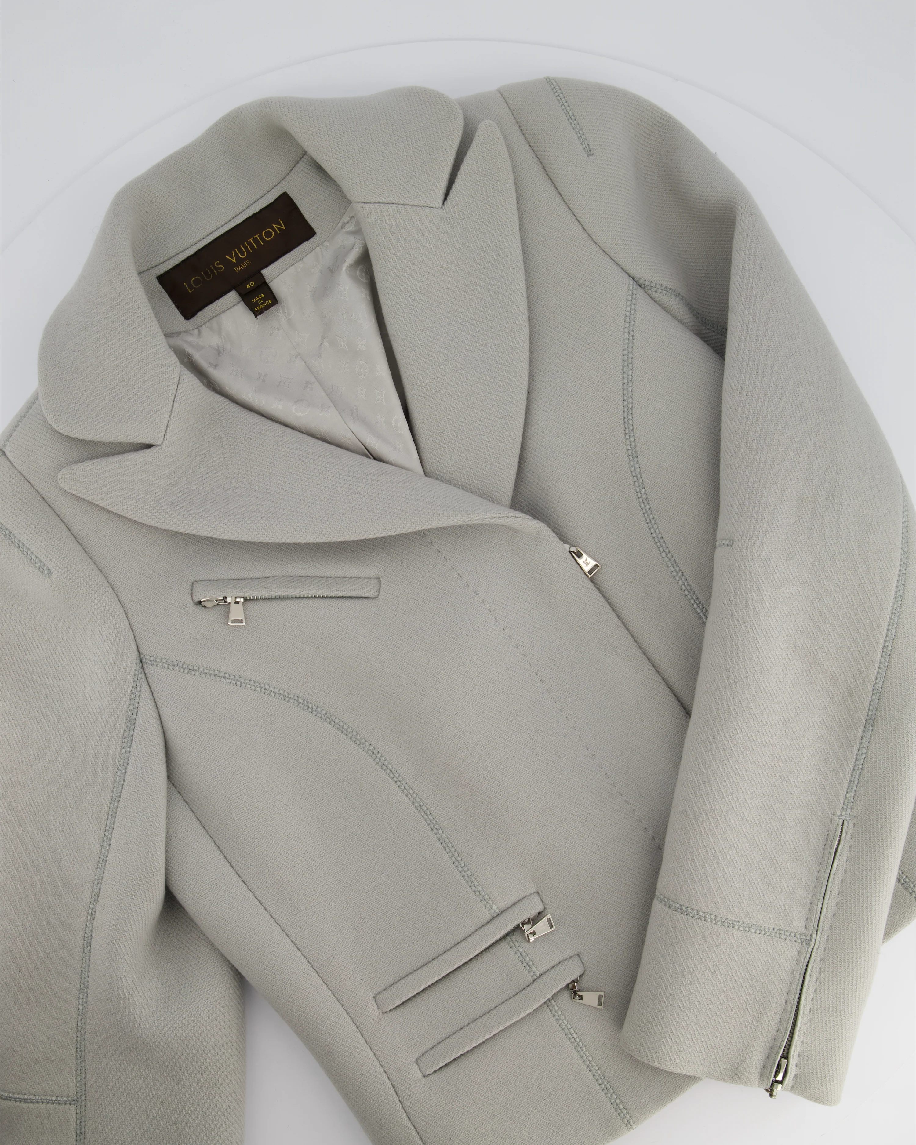 Louis Vuitton Blue Grey Long Sleeve Biker Jacket with Silver Zips Detail Size FR 40 (UK 12) - Image 5