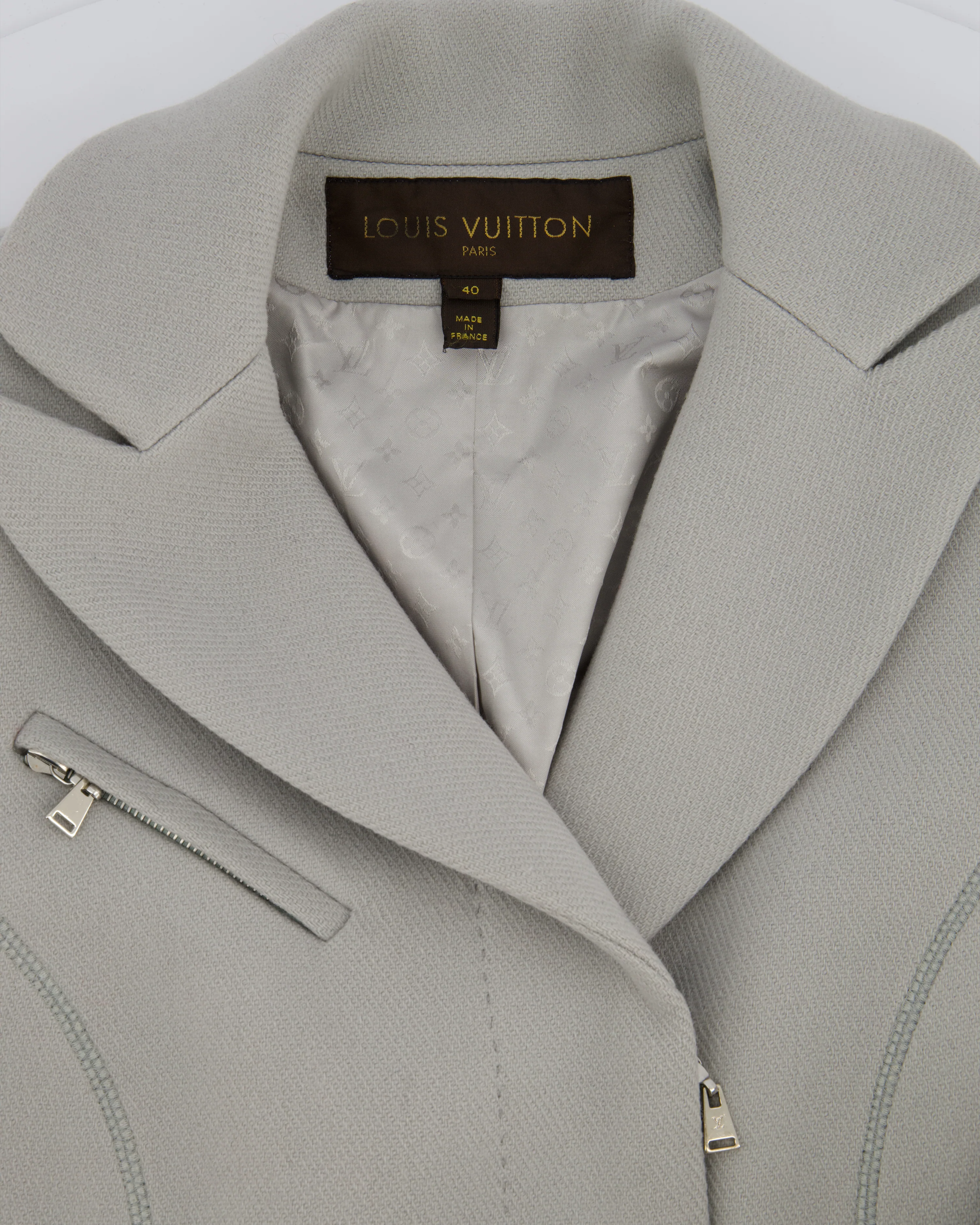 Louis Vuitton Blue Grey Long Sleeve Biker Jacket with Silver Zips Detail Size FR 40 (UK 12) - Image 7