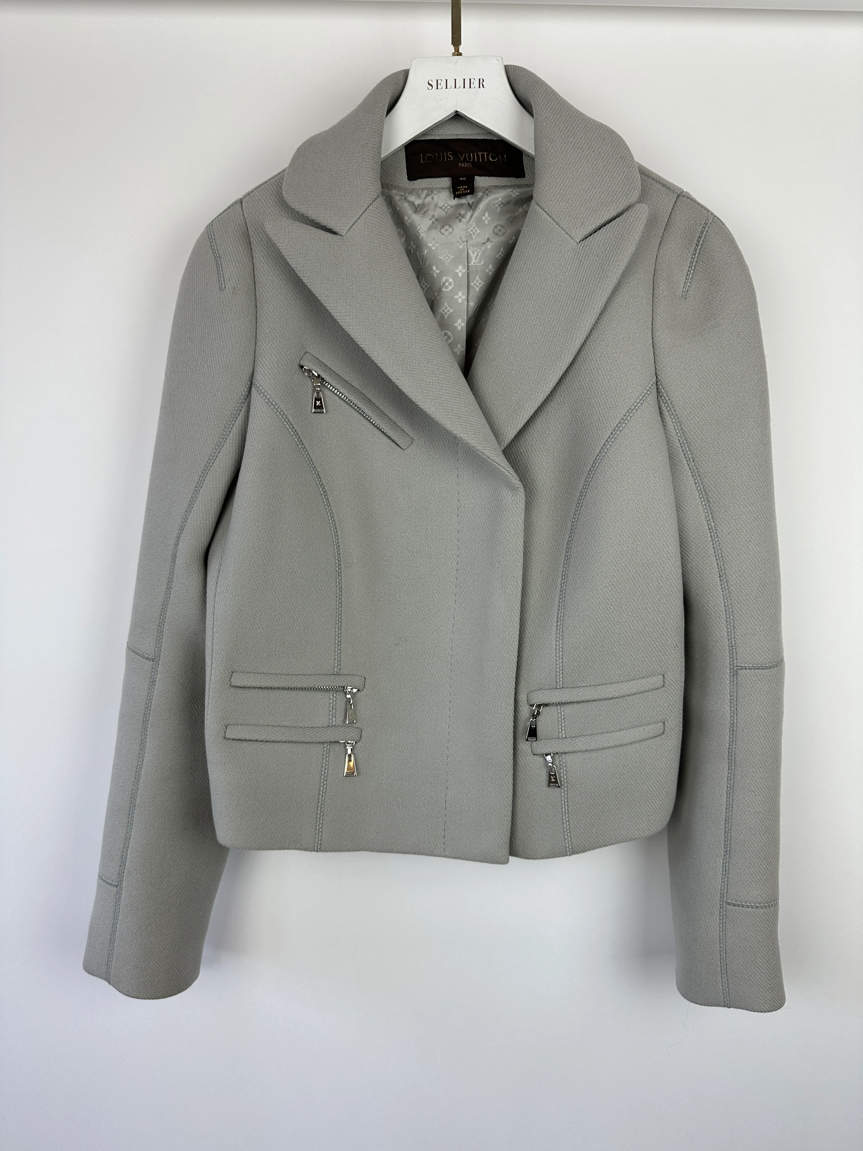 Louis Vuitton Blue Grey Long Sleeve Biker Jacket with Silver Zips Detail Size FR 40 (UK 12) - Image 8