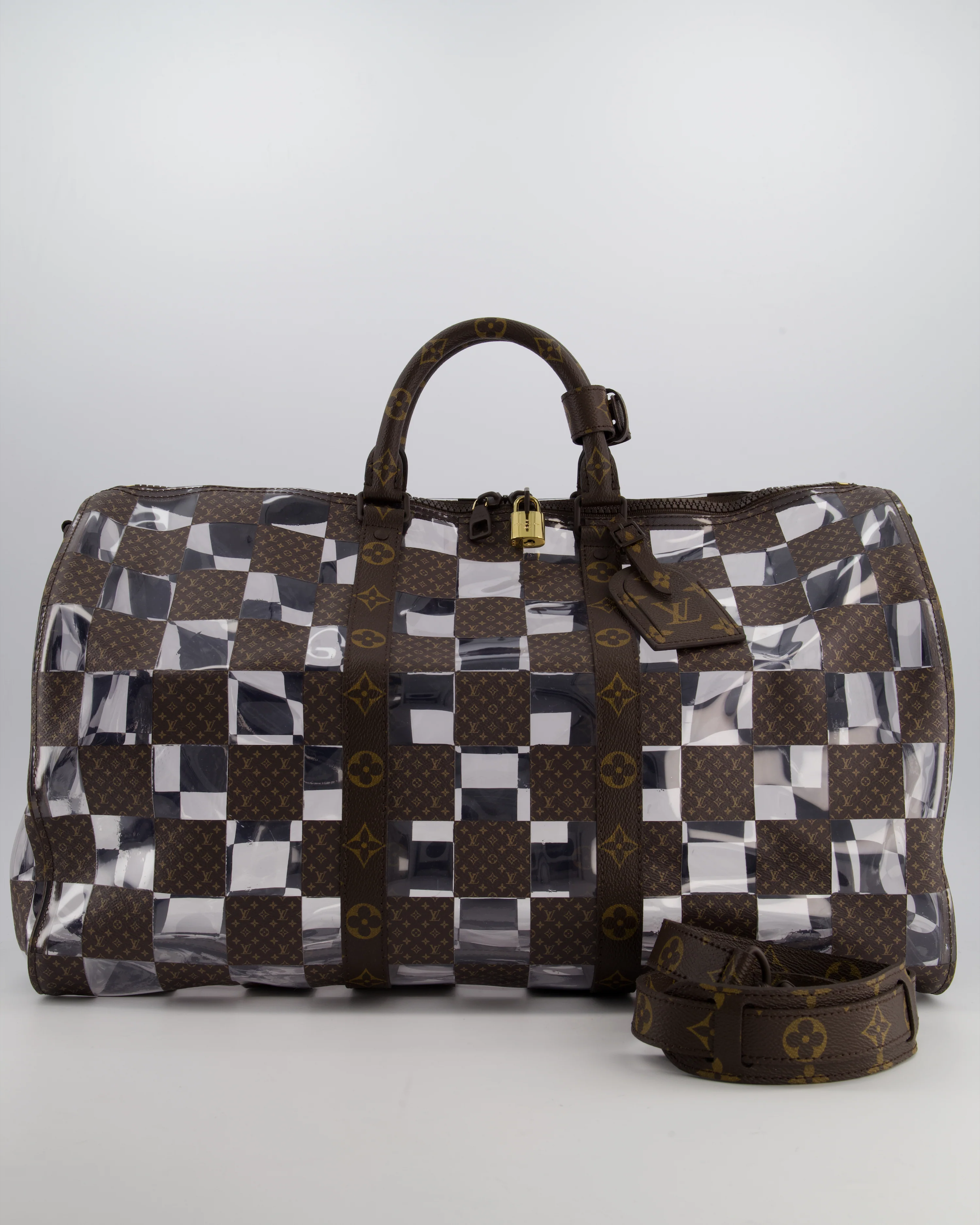 Louis Vuitton Brown Bandouliere Chessboard Keepall 50 in PVC & Monogram Coated Canvas with Matte Brown Hardware