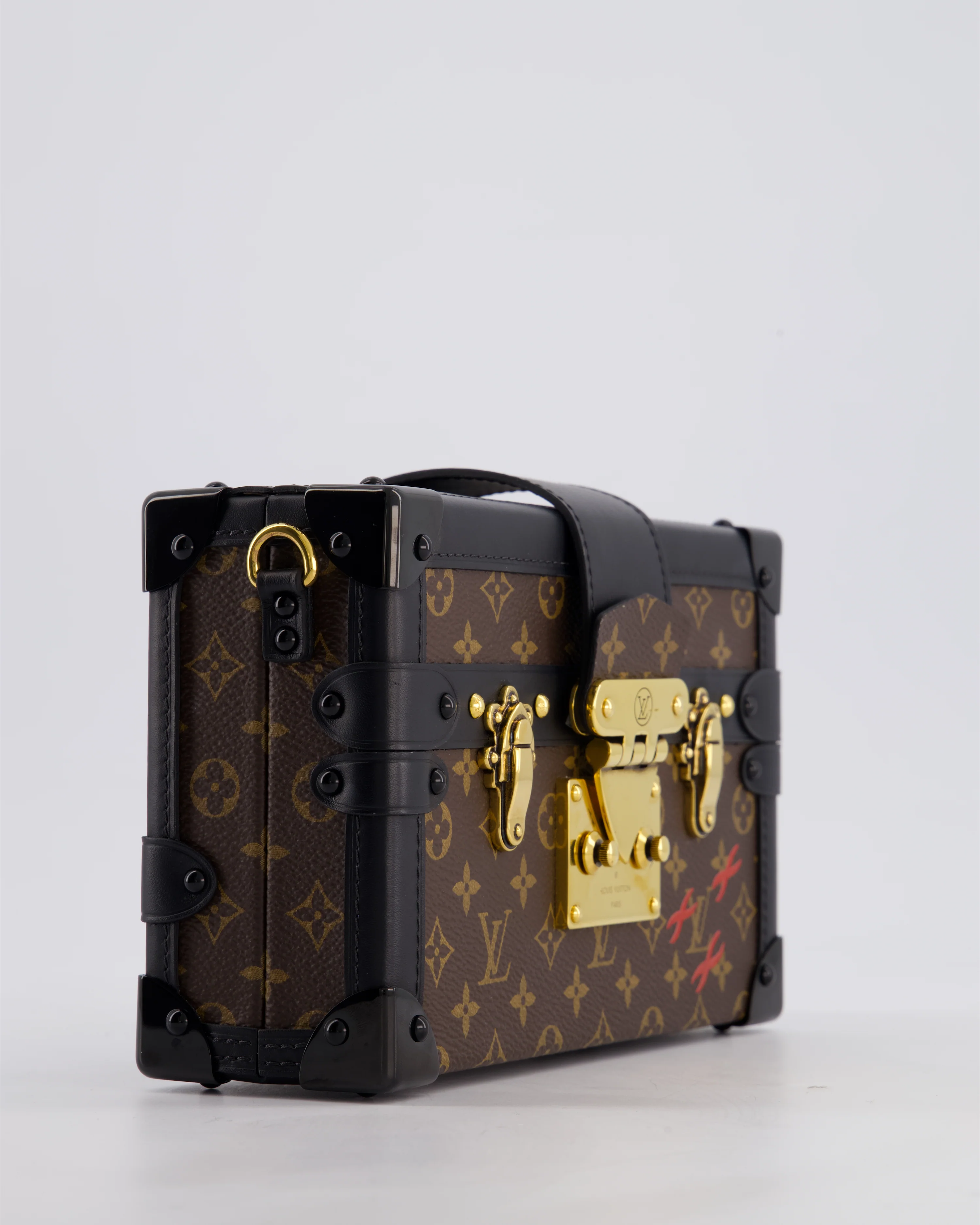 Louis Vuitton Brown Petite Malle Bag in Monogram Canvas & Black Calfskin Leather with Gold Hardware - Image 11