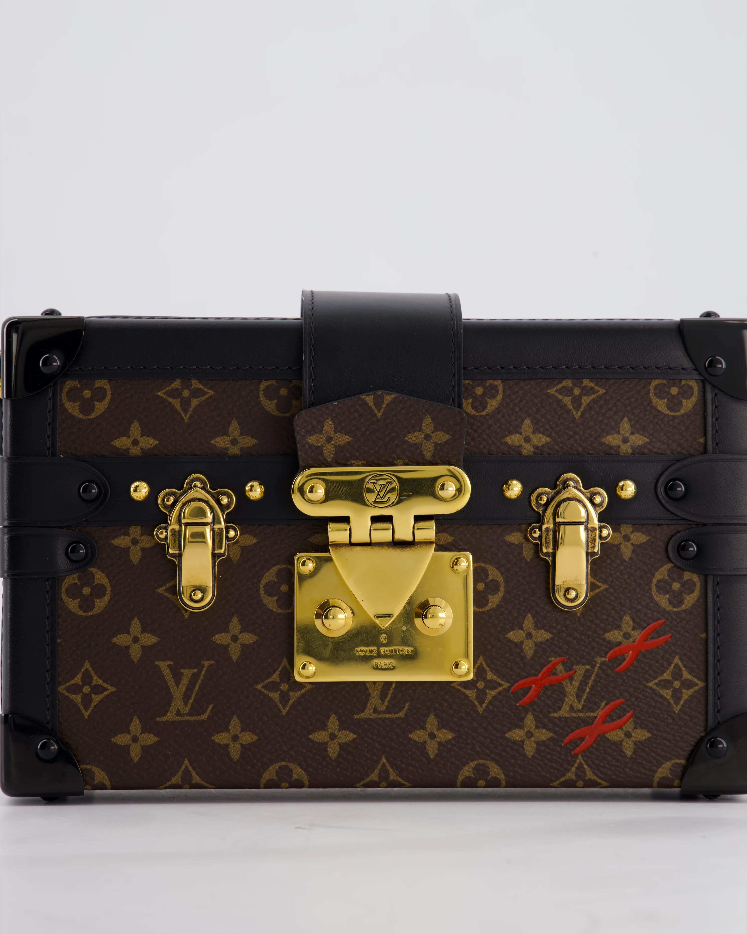 Louis Vuitton Brown Petite Malle Bag in Monogram Canvas & Black Calfskin Leather with Gold Hardware - Image 15