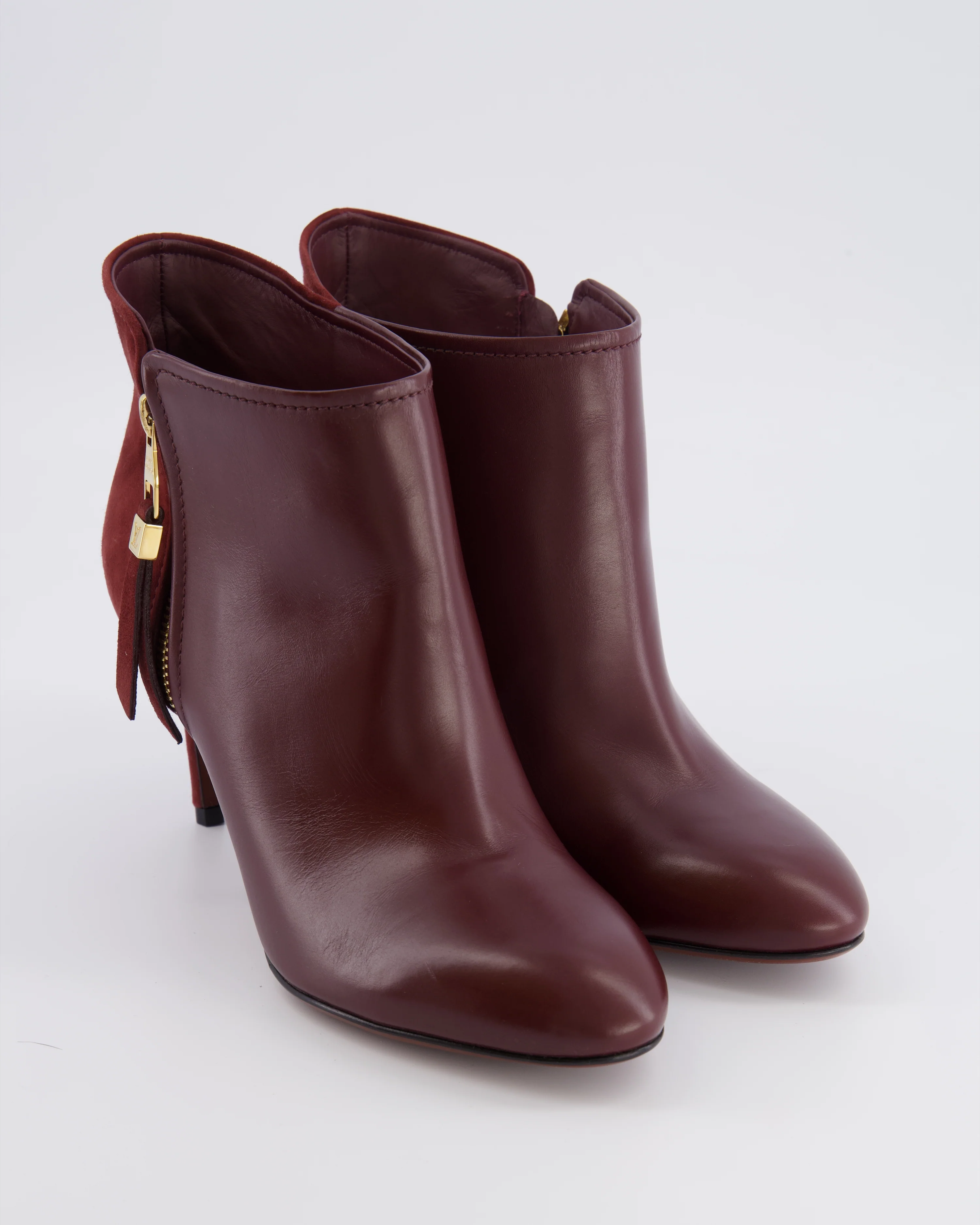 Louis Vuitton Burgundy Leather and Suede Heeled Ankle Boots with Gold Logo Zip Size EU 38 - Image 2