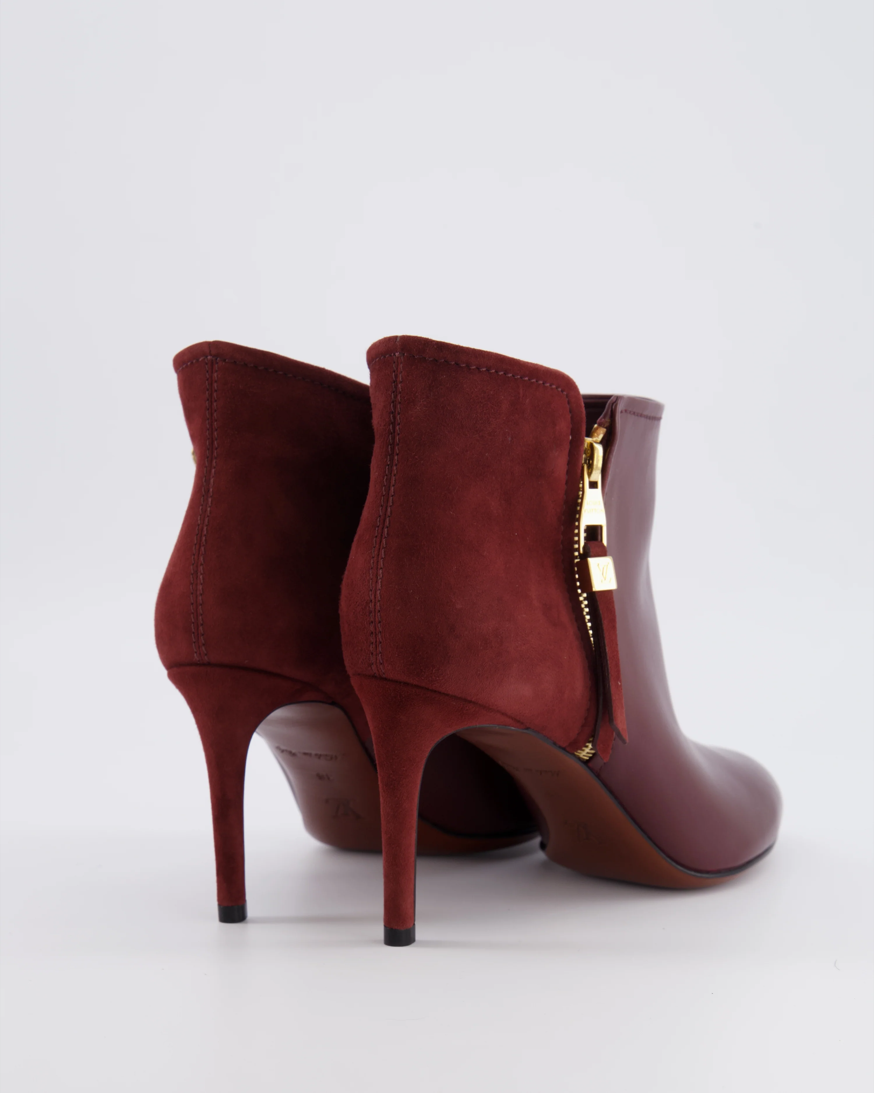 Louis Vuitton Burgundy Leather and Suede Heeled Ankle Boots with Gold Logo Zip Size EU 38 - Image 3