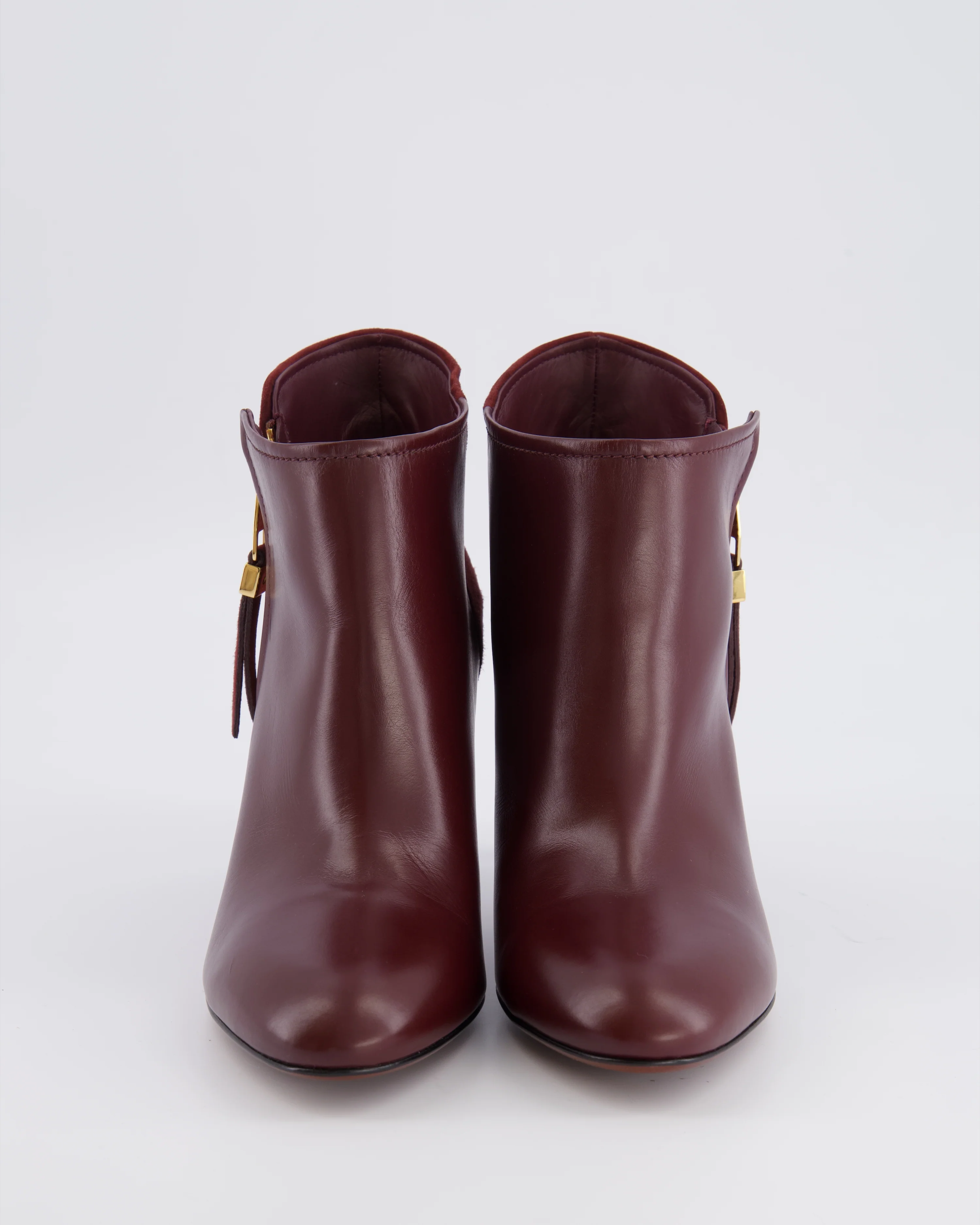Louis Vuitton Burgundy Leather and Suede Heeled Ankle Boots with Gold Logo Zip Size EU 38 - Image 4