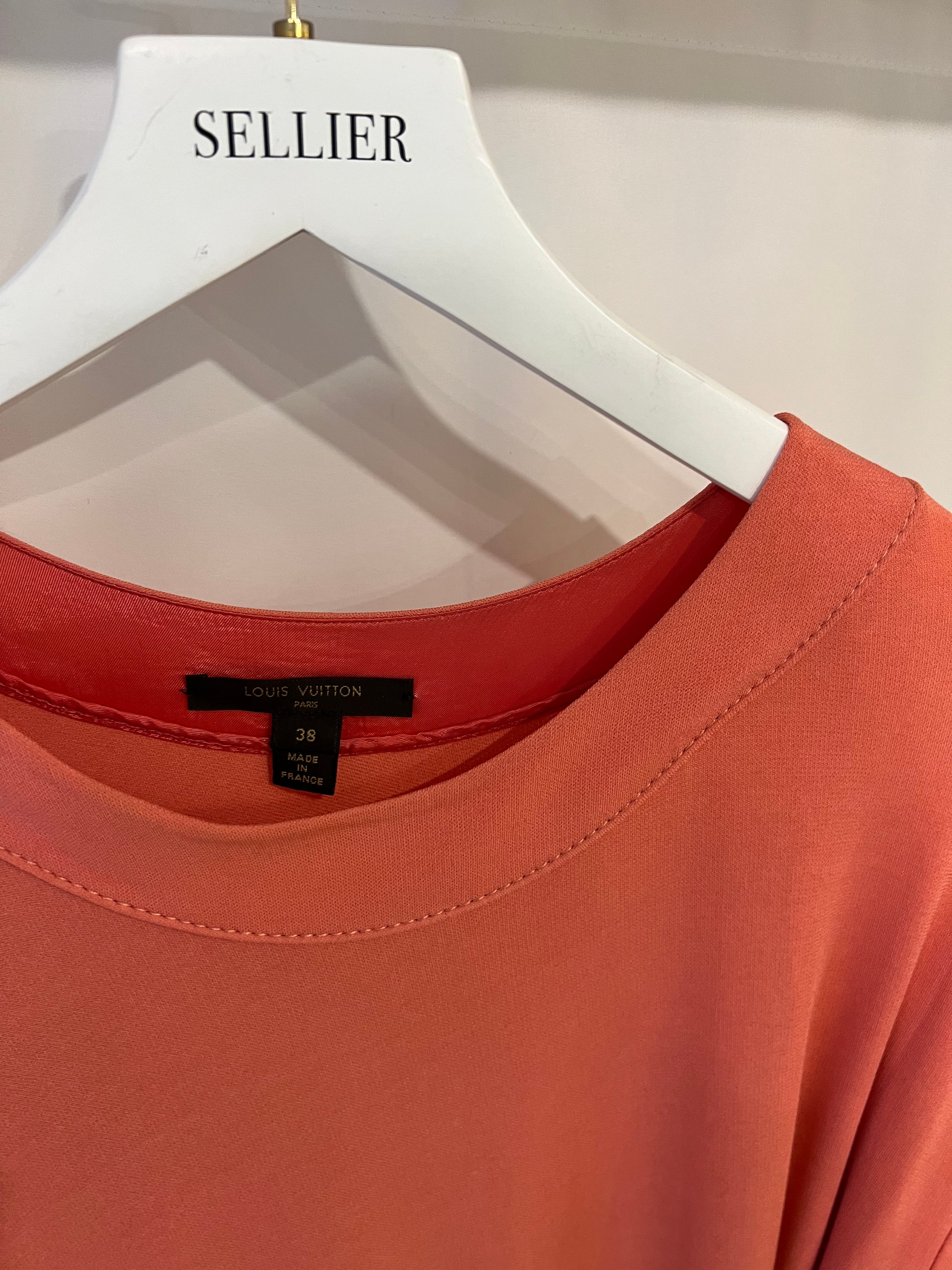 Louis Vuitton Coral Pink Mini Dress with Black Velvet Belt and Gold Logo Detail FR 38 (UK 10) - Image 6
